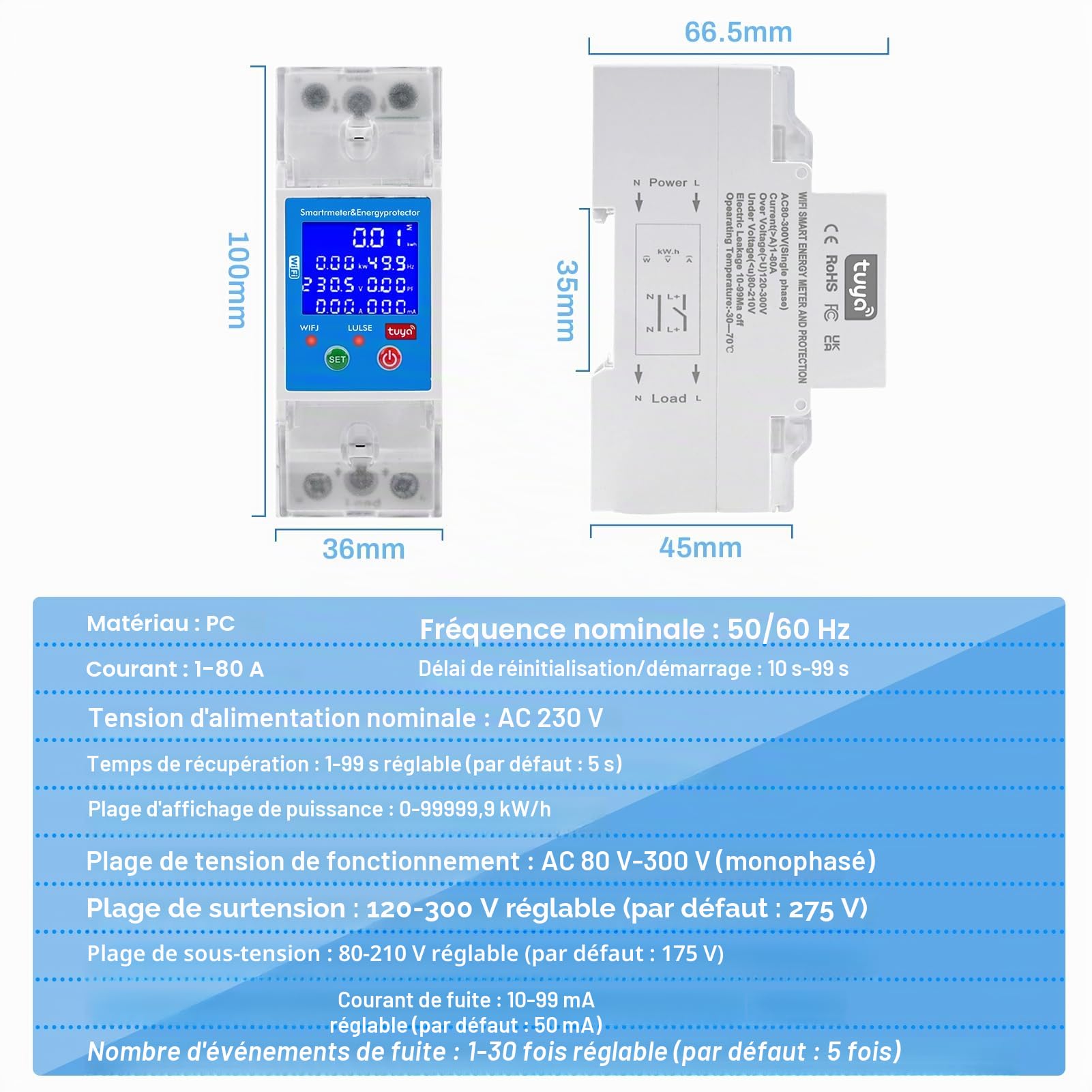 Compteur electrique tuya wifi 80A Contrôle vocal compteur électrique intelligent 2P 80-300VAC disjoncteur connecté compteur numérique Protection contre les surtensions et sous-tensions