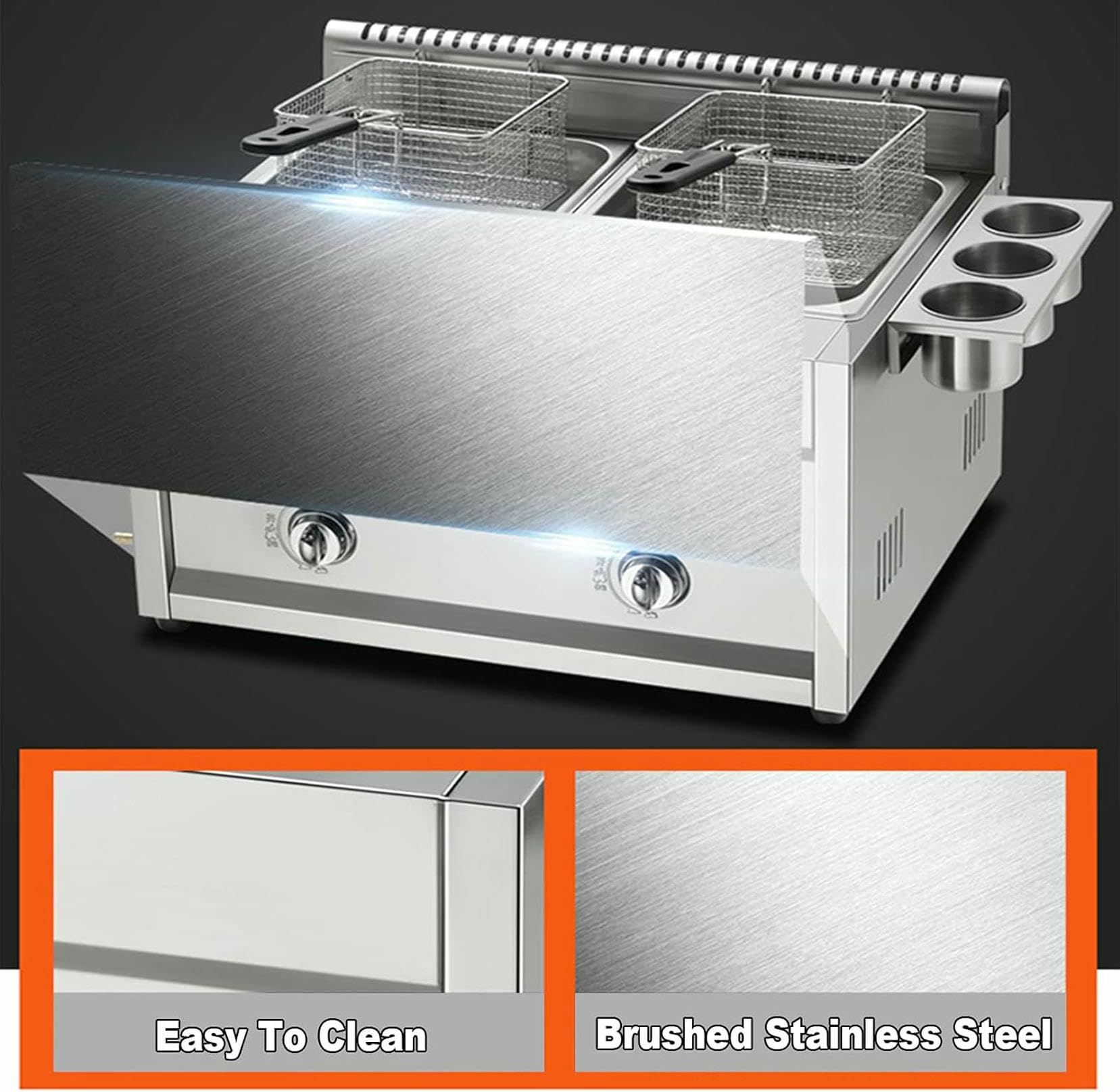 Freidora Profesional de GLP, Freidora Comercial de Doble Tanque de 22 L, Freidora de Acero Inoxidable Grueso con Cestas y Tapas, Control de Temperatura y Potencia de Fuego Ajustabl~/