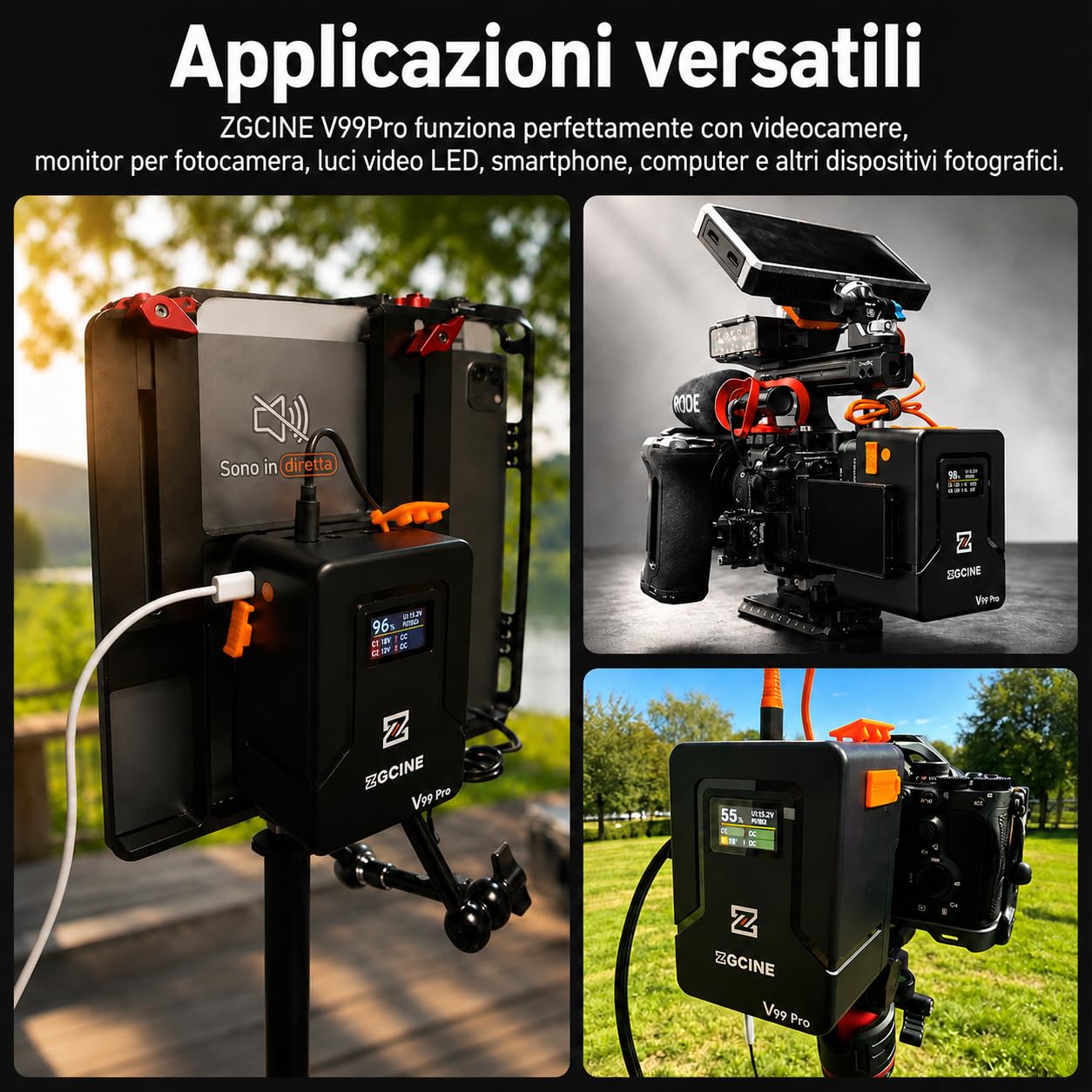 ZGCINE V Mount Battery V99 Pro,Batteria V-mount 94.72Wh 14.8V con Ricarica Rapida PD 100W,Dotata Porte D-Tap/2 USB-C/BP/2 DC e Schermo OLED,Compatibile con Camera, Camcorder,Phone,Monitor,Video Light