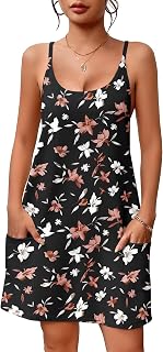 EKOUAER Nightgowns for Women Cotton Sleepwear Sexy Sleep Shirt Adjustable Spaghetti Strap Night Gowns with Pockets S-3XL