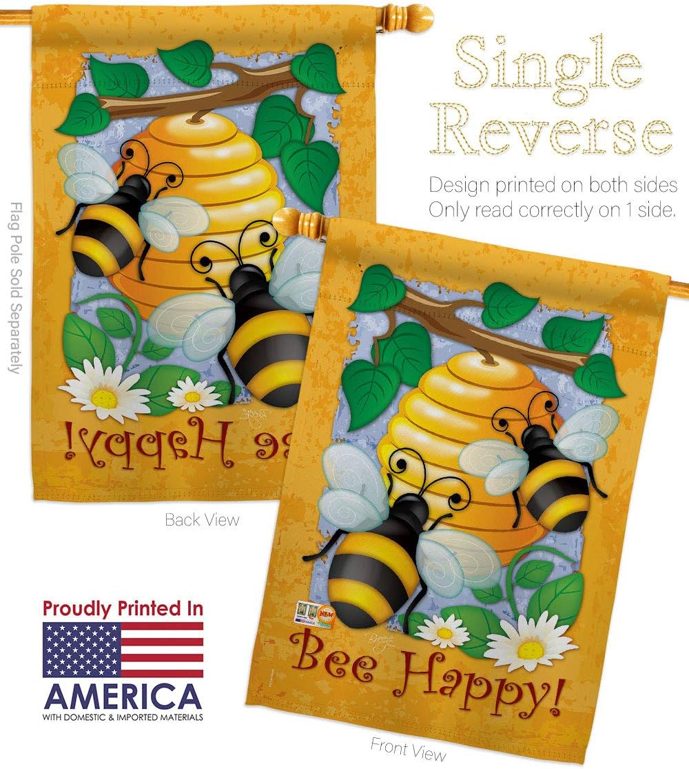 Bee Happy House Flag Garden Friends Butterfly Ladybugs Dragonfly Springtime Insect Natural Wildlife Small Decorative Gift Yard Banner Made In USA 28 X 40