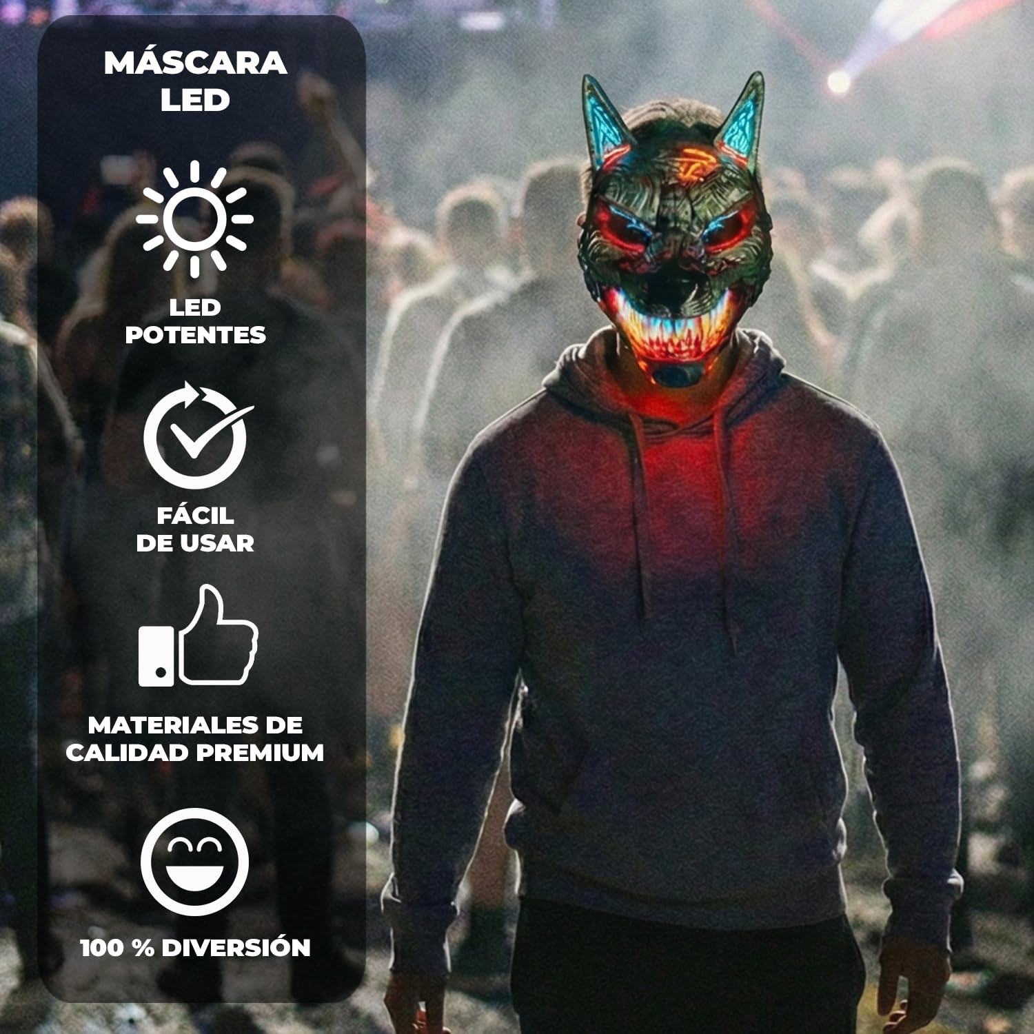 Original Cup Máscara LED Hombre Lobo | Plástico Rígido | 3 Modos de Parpadeo | Máscara LED de Halloween | Neón | 100% Horror | 100% Diversión