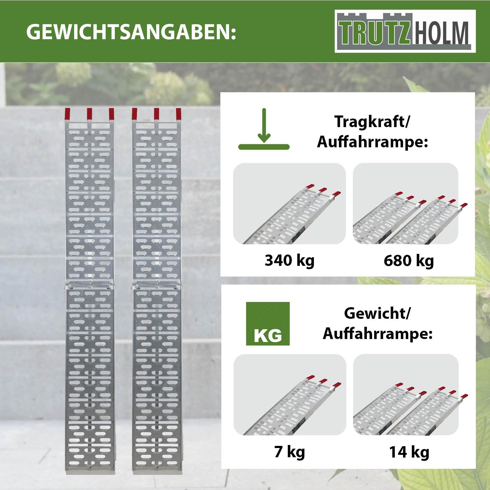 TRUTZHOLM 2 x Auffahrrampe klappbar 228 cm Traglast 680 kg Alu grau gelocht Motorradrampe