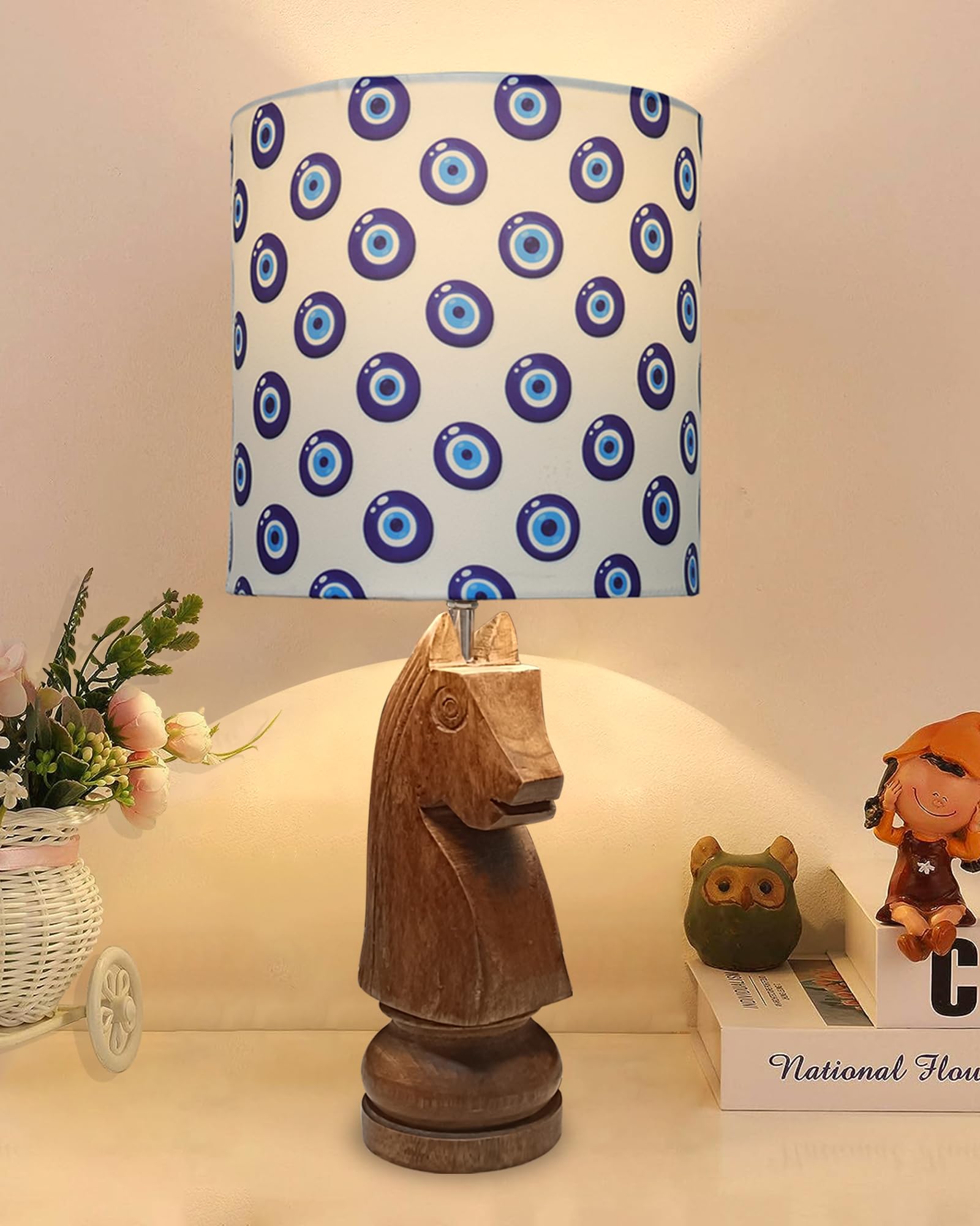 Homesake® Chess Bedside Table Desk Lamp Rustic Wood Base Fabric Shade for Décor, Accent Light, Gameroom, Kids, Living Room, Bedroom, Knight, (Evil Eye) (B0CJ36Q18Q) Amazon Price History, Amazon Price Tracker