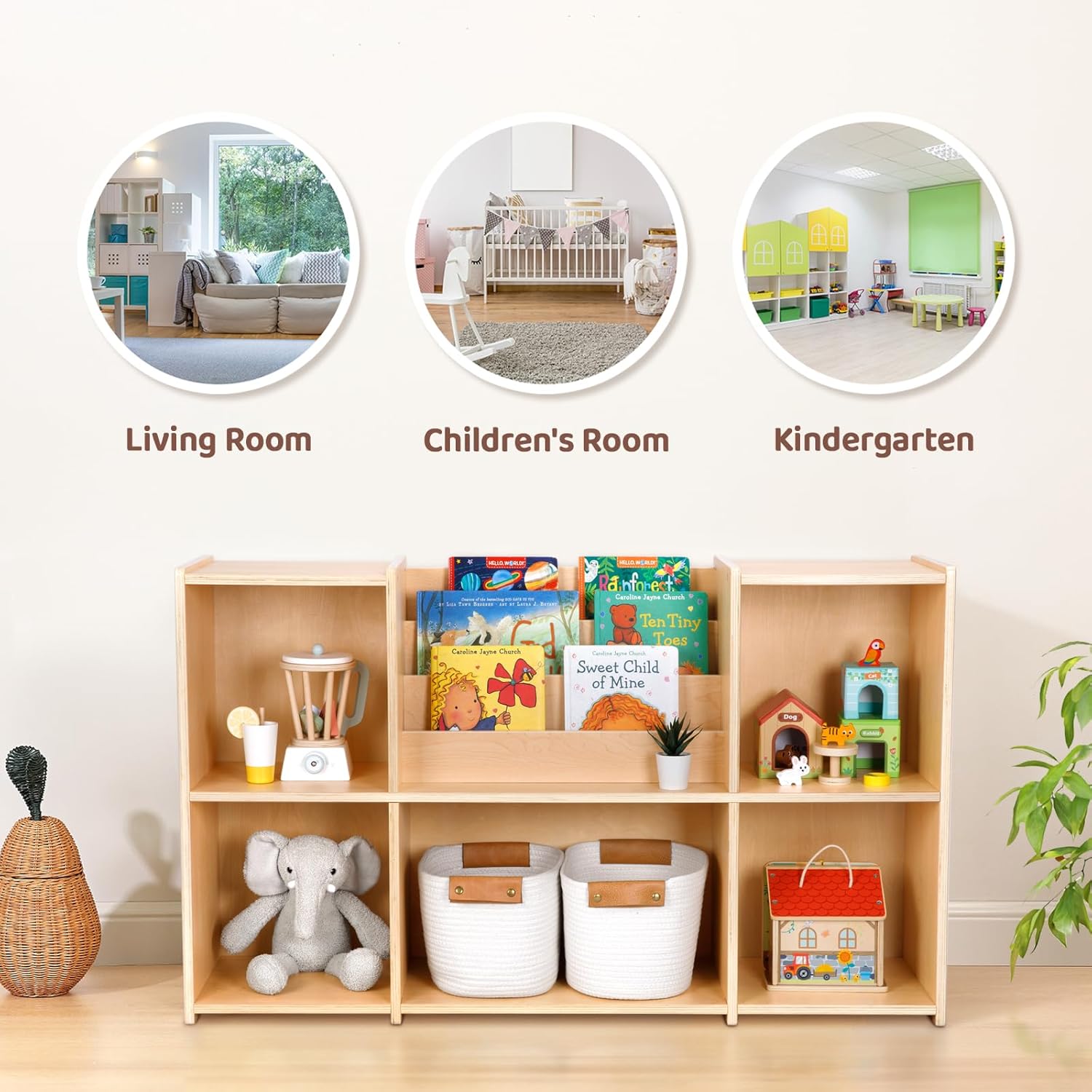 OOOK Montessori Bookshelf and Toy Storage Organizer, 2-Tier Horizontal Bookshelf, 5-Compartment Toy Storage Cabinet with Book Rack, Ideal Choice for Kids Classroom Organizer, Playroom and Daycare
