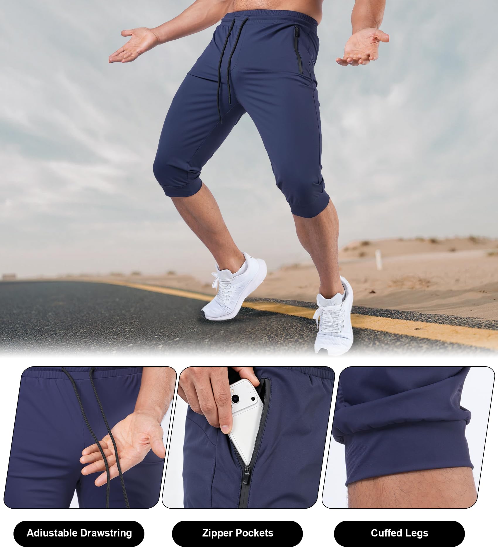 Fioboc 3/4-Jogginghose für Herren mit Reißverschlusstaschen, Caprihose, schnell trocknend, Herren-Sweathose, Kordelzug, verstellbare Trainingshose
