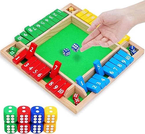 Miniatura 9 de CRETVIS Juego de dados de 1 a 4 jugadores, juego de dados Shut The Box, 10 números de madera tradicional de pub bar, tablero de mesa familiar, dados