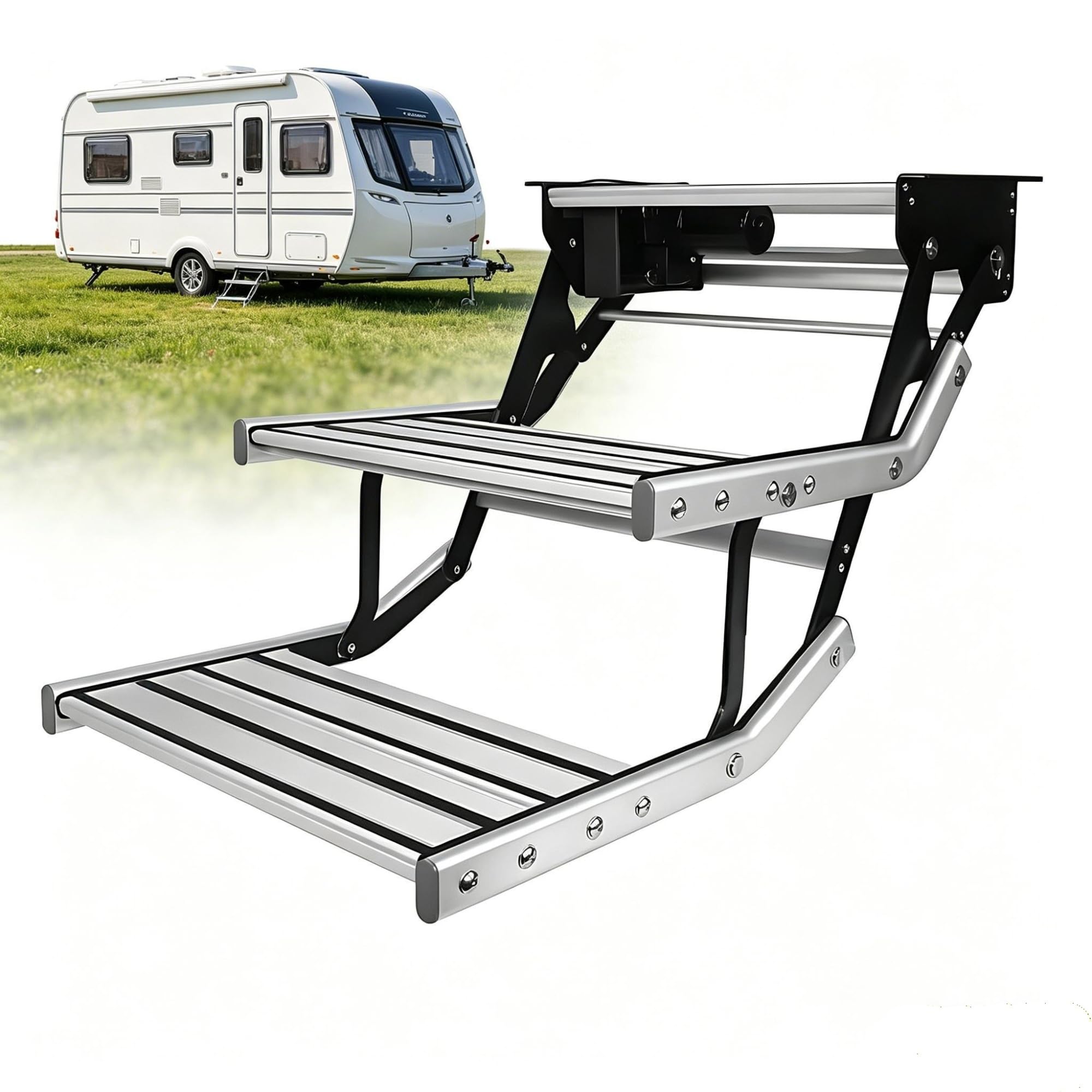 Elektryczna składana drabina wejściowa ze stopu aluminium o szerokości 48 cm z oświetleniem LED, nośność 200 kg, teleskopowa konstrukcja dla kamperów i przyczep
