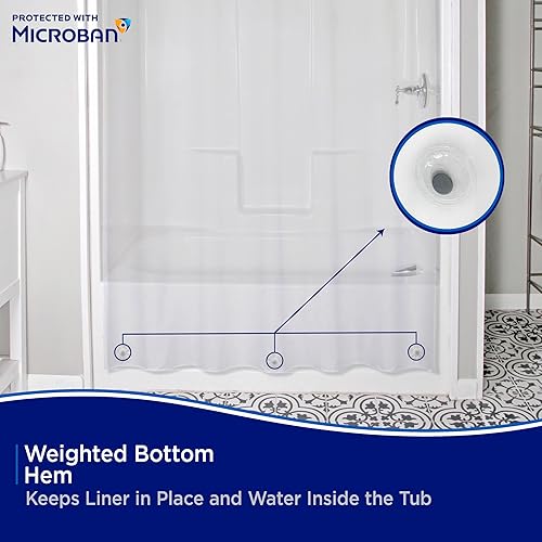 Miniatura 8 de Kenney MB61122PK2 Microban Protected - Cortina de ducha ligera de PEVA de calibre 2.8 con agujeros duraderos para colgar ojales y dobladillo