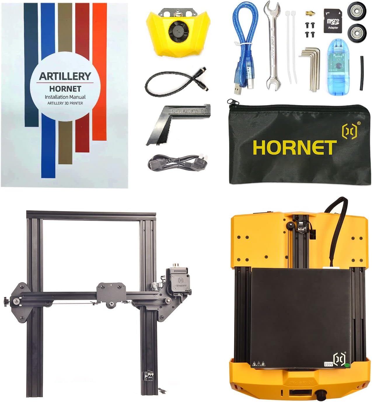 Artillery Hornet 3D Printer components including main unit, tools, and accessories