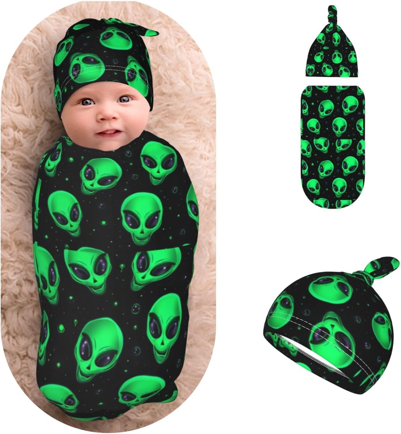 Green Alien Heads Swaddle Blankets Newborn Receiving Soft