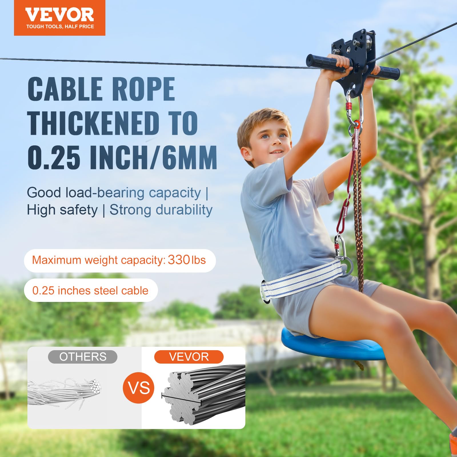 VEVOR Zestaw zipline dla dzieci i dorosłych, zestawy z zamkiem błyskawicznym 18 m do 226 kg, podwórko na zewnątrz, szybka konfiguracja zipline, rozrywka na placu zabaw z linką ze stali nierdzewnej,