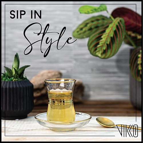 Miniatura 5 de Vikko Vasos y platillos de té turcos, auténticas tazas de té turco de 4 onzas, juego de 6 tazas y platillos de té de vidrio transparente, juego de