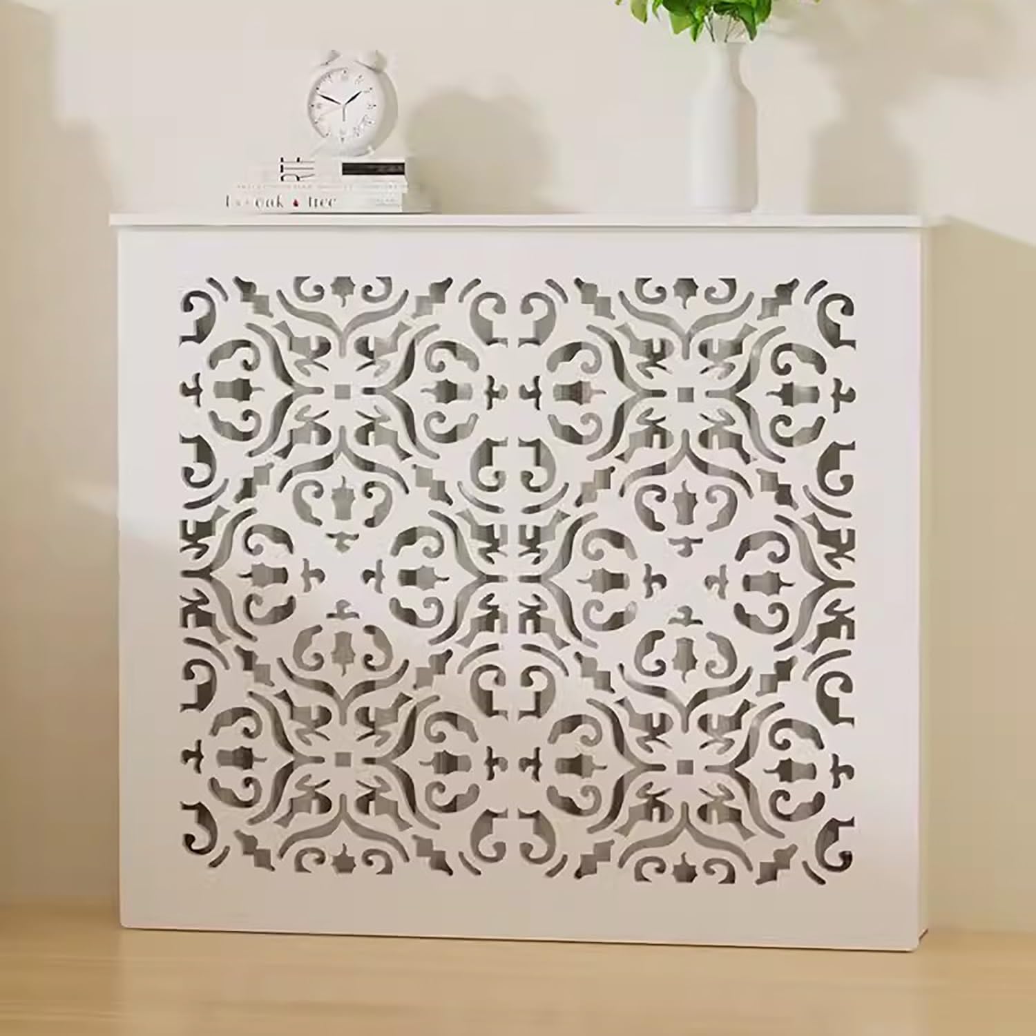 Gabinete con cubierta de calefacción, cubierta blanca para radiador, gabinete con estante para parrilla con persianas, cubierta para radiador de MDF, gabinete con estante para parrilla con persianas