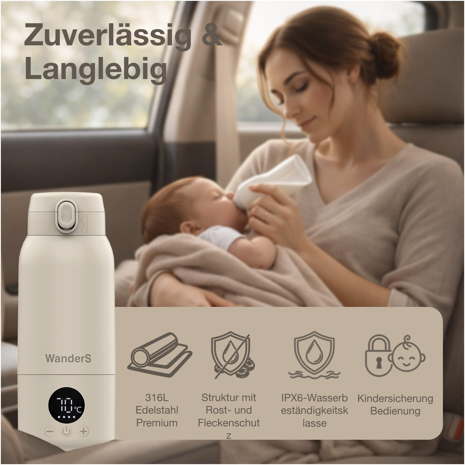 Tragbarer Flaschenwärmer Baby von WanderS – 500ML Milchwärmer mit Präziser Temperaturkontrolle, Integrierter Sterilisator, 316L Edelstahl, USB-C Schnellladung, IPX6 Wasserdicht & Sicherheitsverschluss