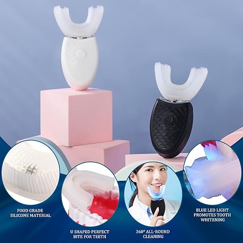Miniatura 7 de 2 cepillos de dientes eléctricos ultrasónicos para adultos en forma de U para blanquear los dientes, 3 cabezales de cepillo, boca entera, limpieza