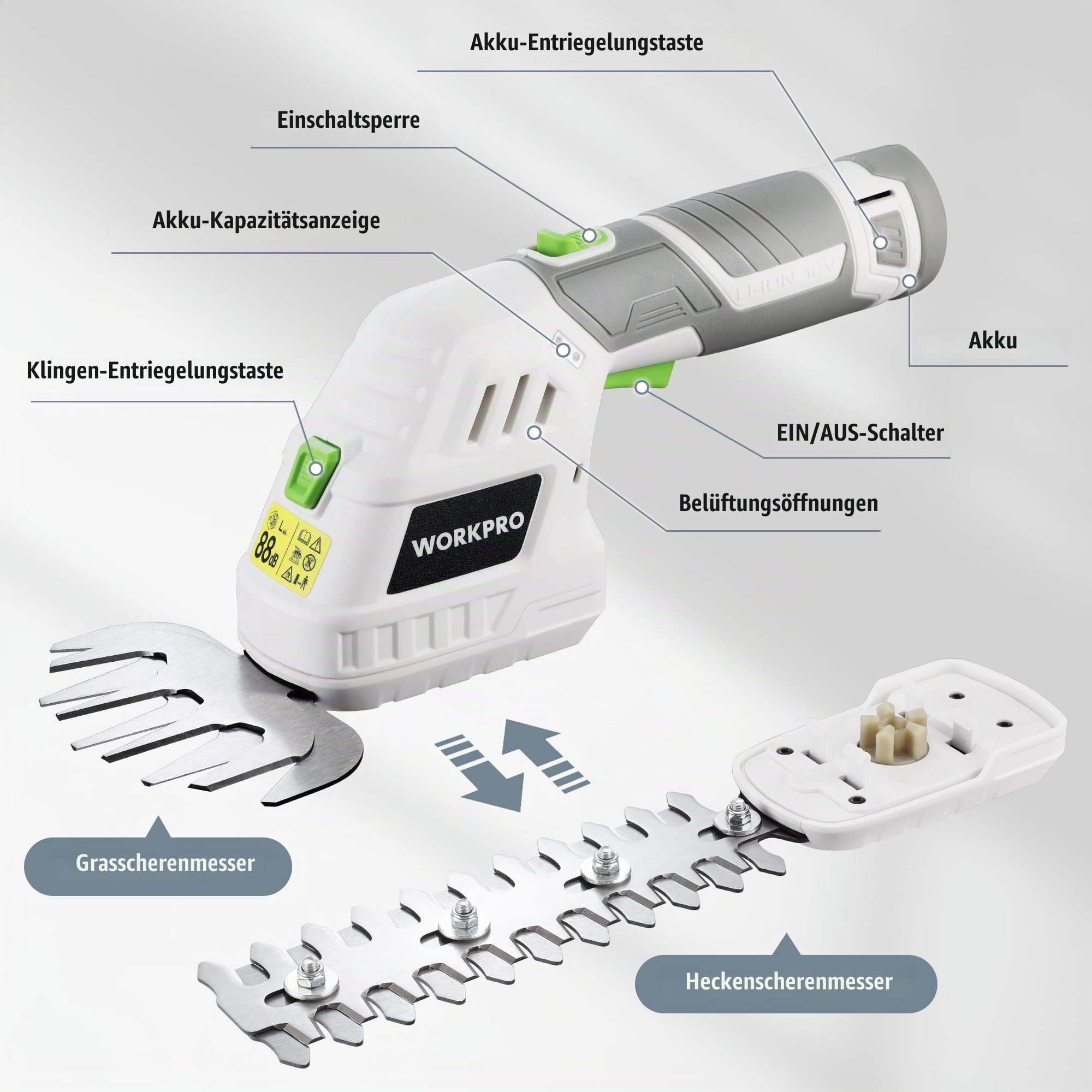 WORKPRO 12V Strauchschere Akku 2-in-1 Weiß, handliche Grasschere mit 2 Messern, 2Ah Akku und Ladegerät, elektrische Heckenschere Rasentrimmer für Gartenarbeit, Schnittbreite 12,5cm, Schnittlänge 16cm | 2 Messern 2Ah Akku und Ladegerät, Heckenschere Rasent
