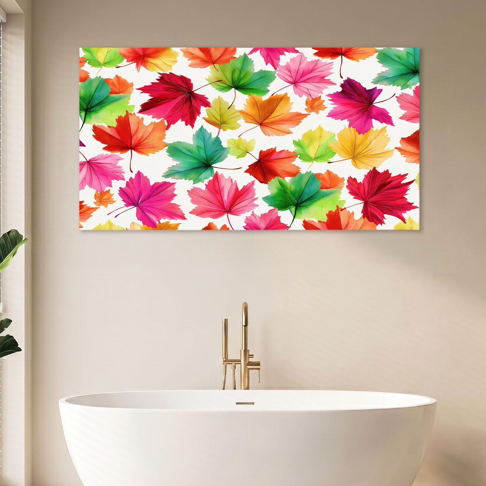 Obraz ścienny z ramą 120 x 60 cm, akwarela, obraz na płótnie do salonu, sypialni, kuchni, biura - różowy, naturalny, romantyczne liście klonu, dekoracja ścienna