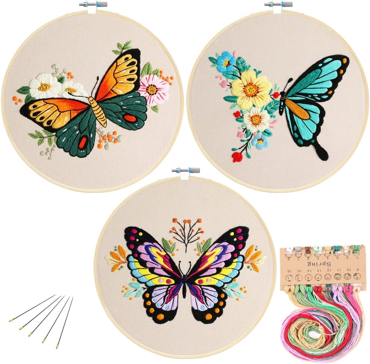 YHRY 3 Pack Embroidery Starter Kit with Pattern, Flowers Butterfly Stamped Embroidery Kit Including Embroidery Fabrics, Bamboo Hoops, Threads Needles, Hobbies for Women (Green Yellow Purple)