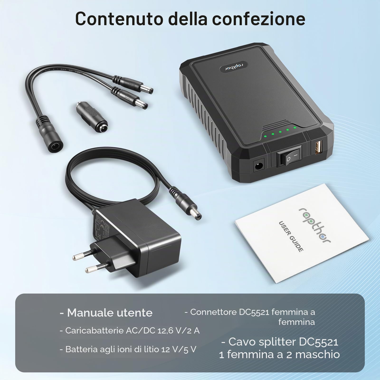 Rapthor Batteria ricaricabile agli ioni di litio da 12 V 6500 mAh/5 V 13000 mAh e uscita CC e caricatore rapido per strisce LED, router, telecamere di sorveglianza, telefoni telescopici, ecc