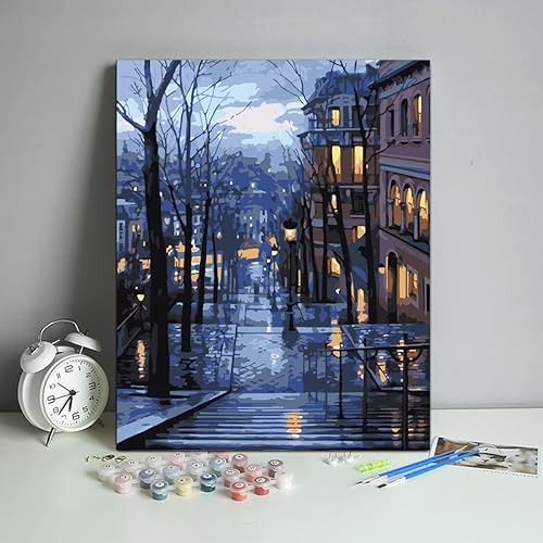 Miniatura 3 de QUITEDEW Pintura por números para adultos, pintura de ciudad por número, vista nocturna, pintura al óleo, paisaje de calle, adecuado para decoración