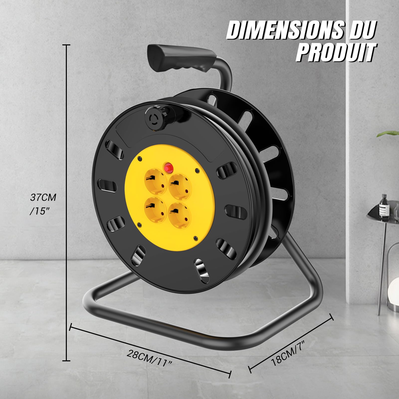 Rallonge électrique extérieure robuste, enrouleur de câble de 25 m, enrouleur à 4 prises avec protection thermique, prise UE 13 A, idéale pour les tondeuses à gazon et les outils électriques
