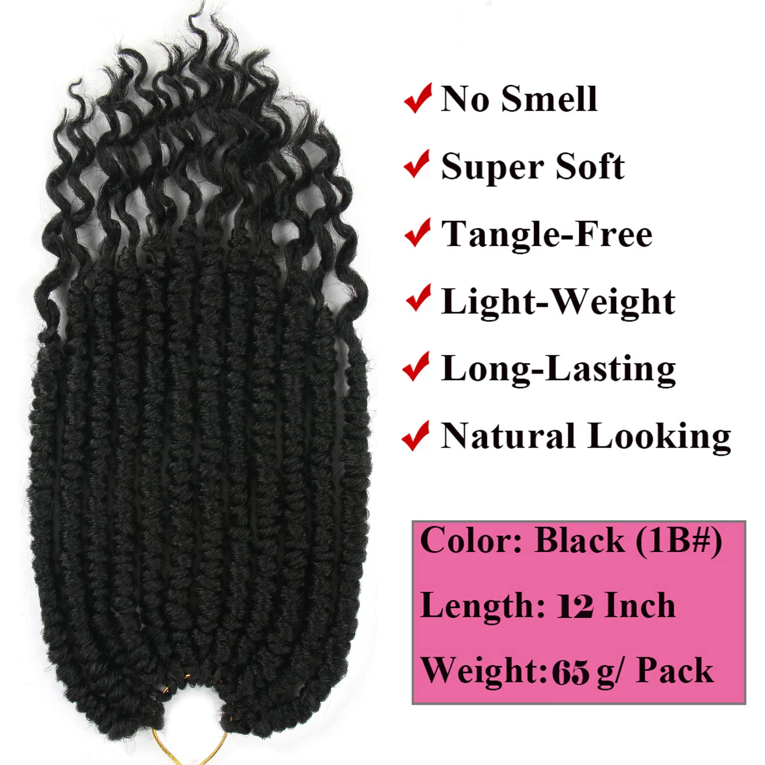 8Pack 12 Inch Crochet Hair Spring Senegalese Twist Crochet Braids Curl End Braid Hair Extensions Spring Twist Crotchet Hair for Black Women (12inch, Black(1B#))