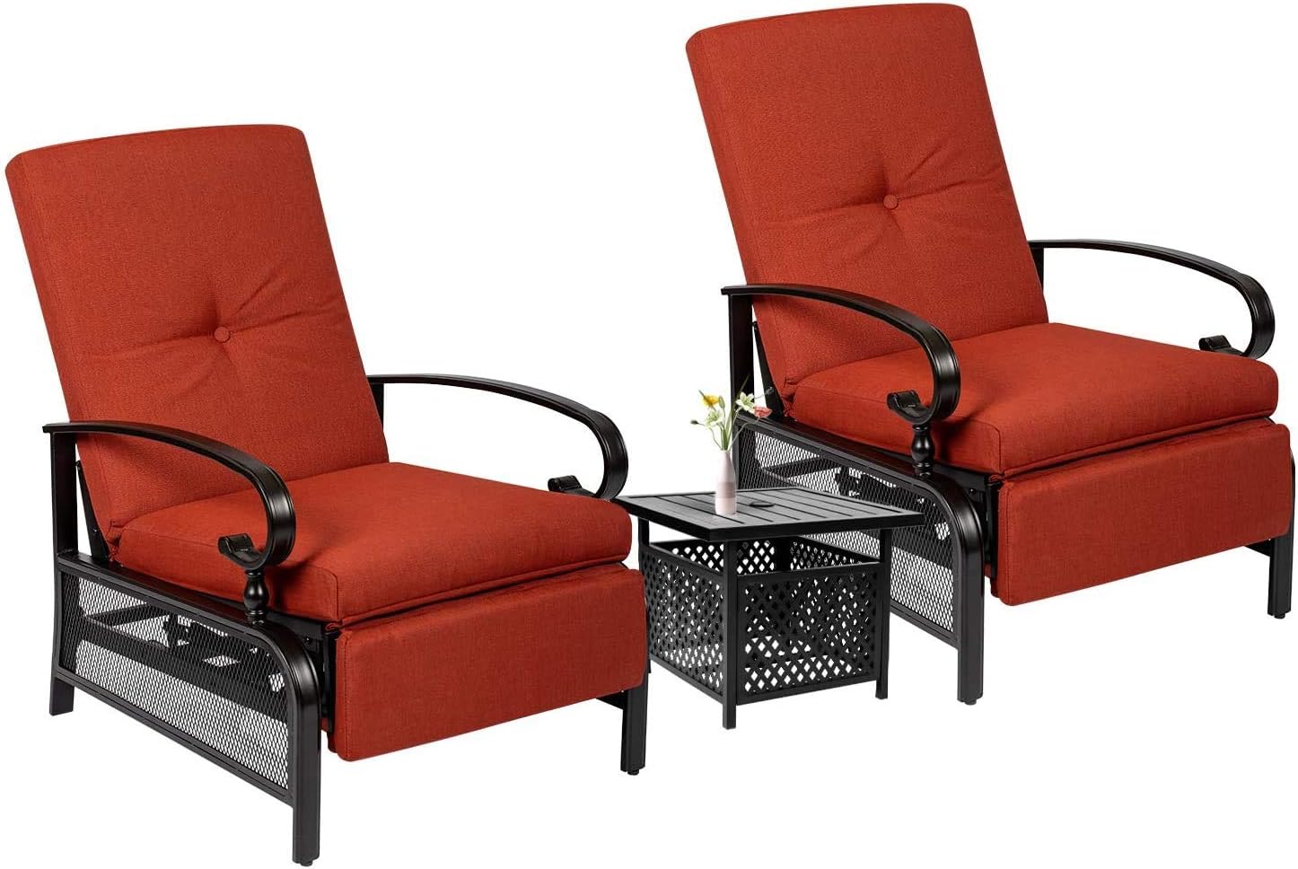 Skiway Outdoor Patio Recliner with Hand-Woven Wicker, Rust-Resistant Frames and Small Side Table Set of 3(Red), 2 seats