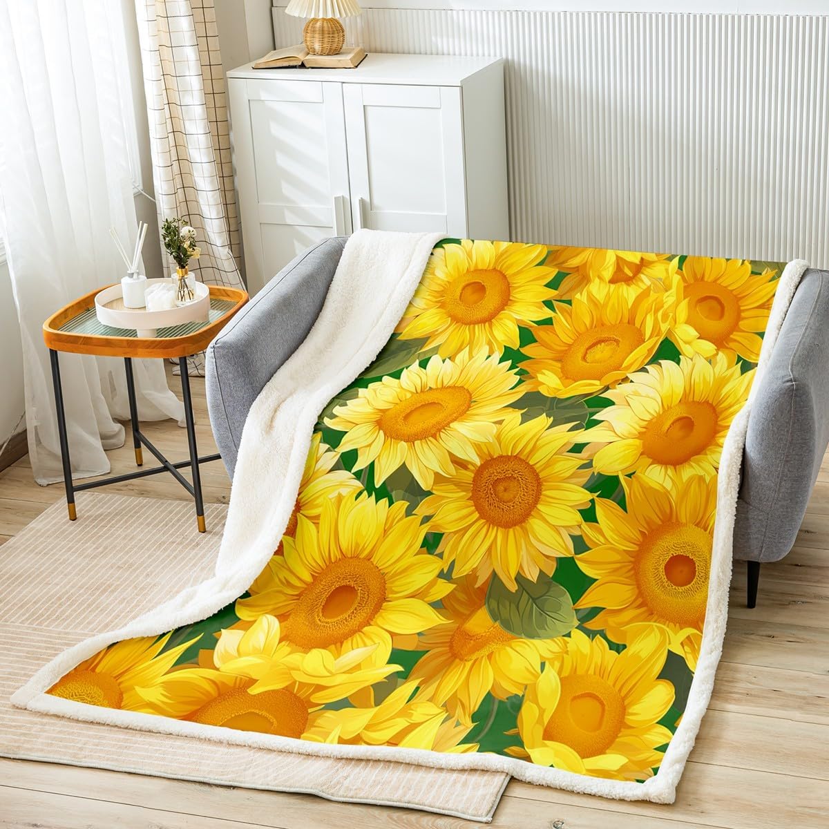 Feelyou Sunflower Sherpa Throw Blanket Floral Print Fleece Blanket Blossom Flowers Pattern Plush Blanket for Couch Sofa Bedroom Decor Botanical Painting Art Fuzzy Blanket Twin 60"x80"