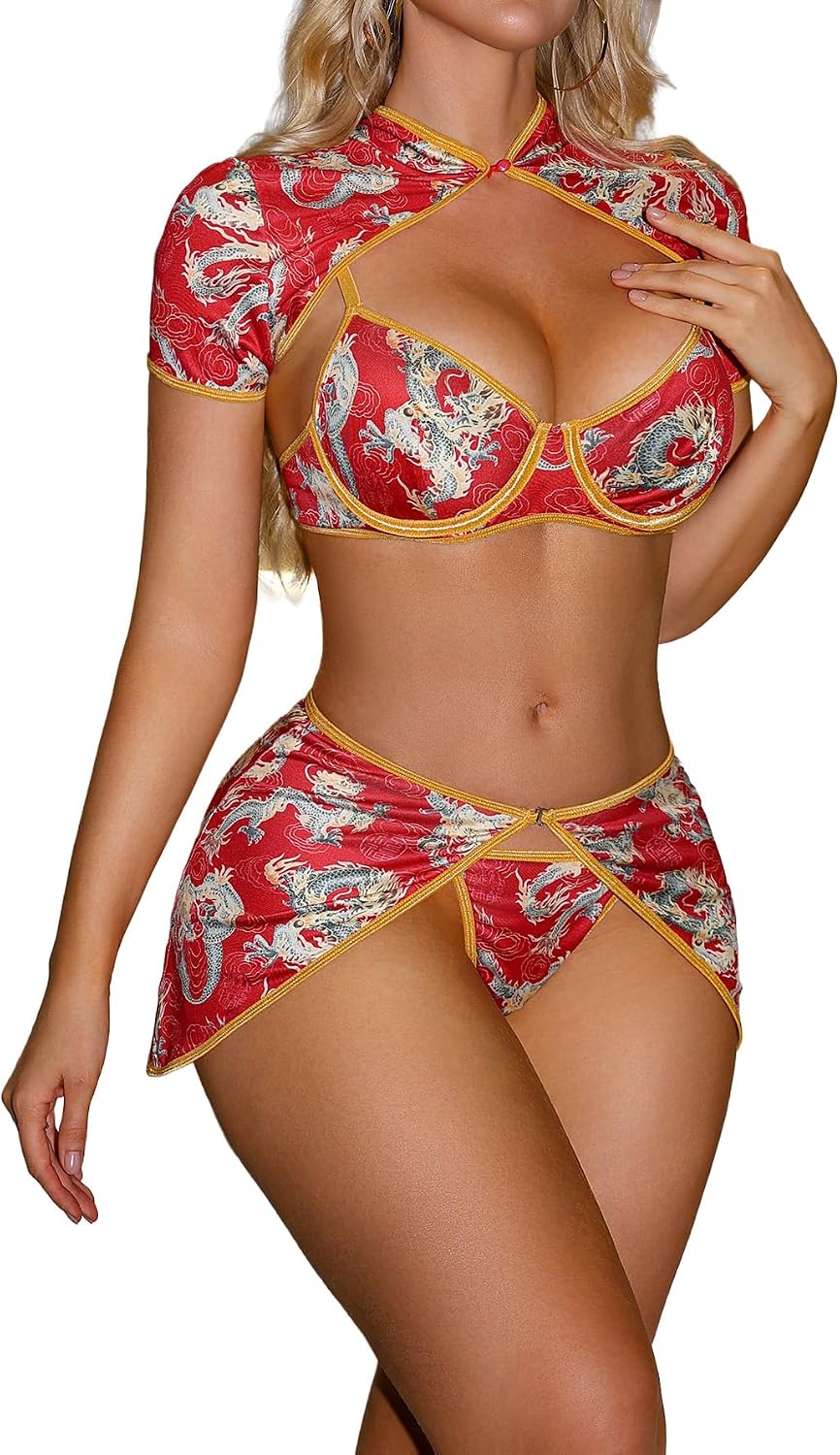 Lingerie Sets 4pcs Set Sexy Printed Underwire Push-Up Hollow-Out Babydoll