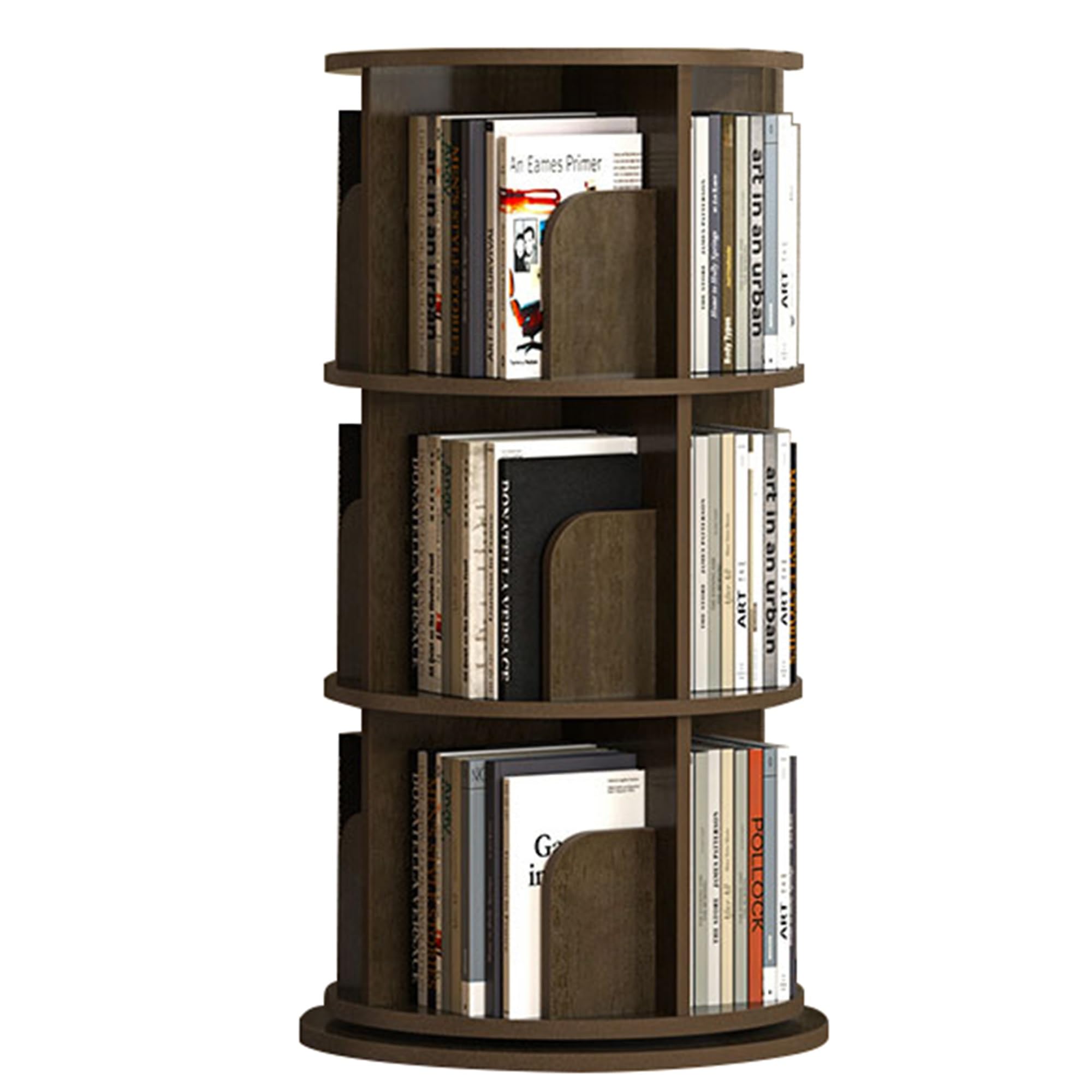 ASerZenith 360 Rotating Corner Bookshelf Storage Rack For Small Spaces Floor Standing Narrow Bookcase Organizer For Bedroom Or Living Room 3 Tier Display Shelf (Walnut 3Tier)