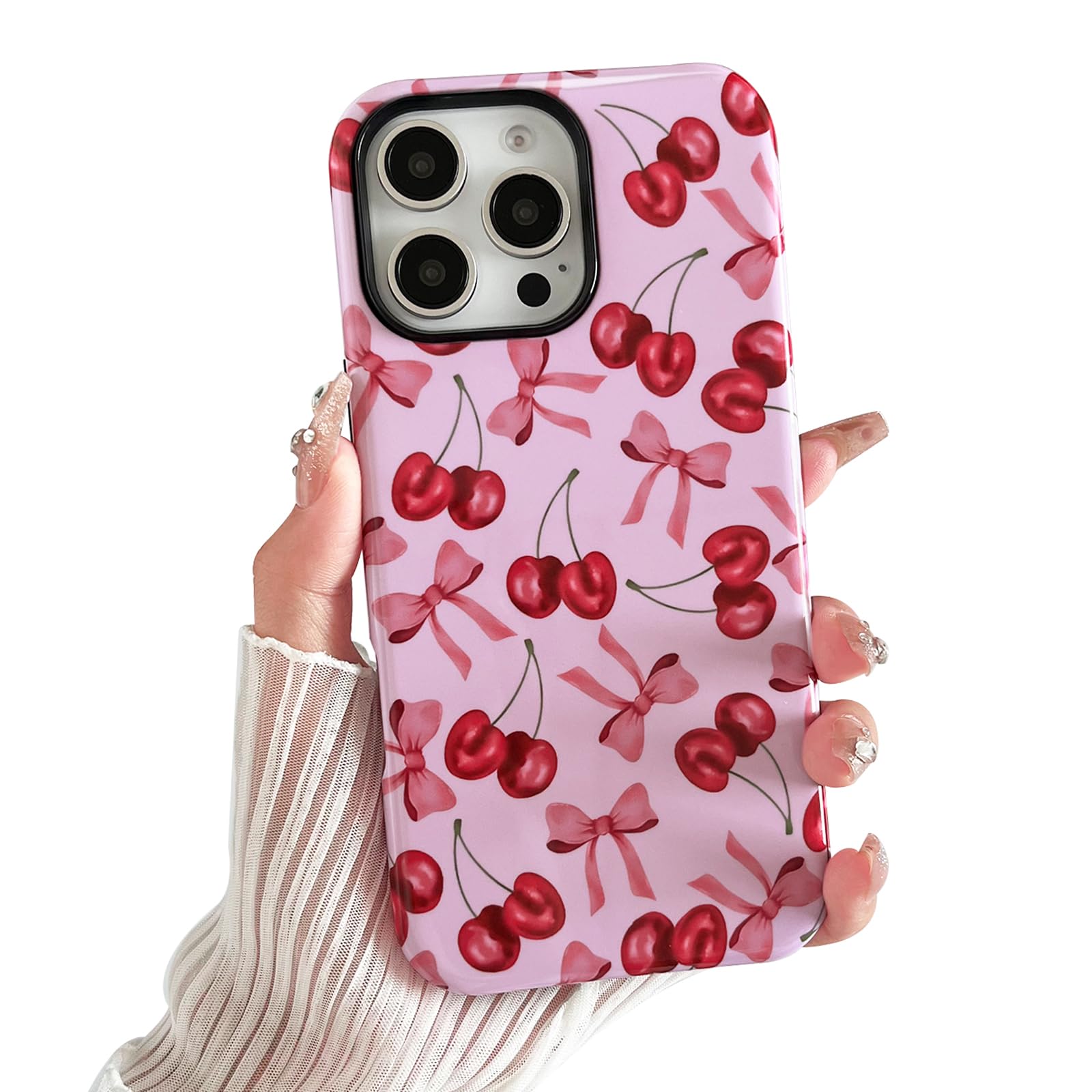 branple Compatible with iPhone 16 Pro Case, Cute Pink Cherry Bow Pattern with Shockproof Slim Soft TPU and Hard PC Protective Cover for Women Designed