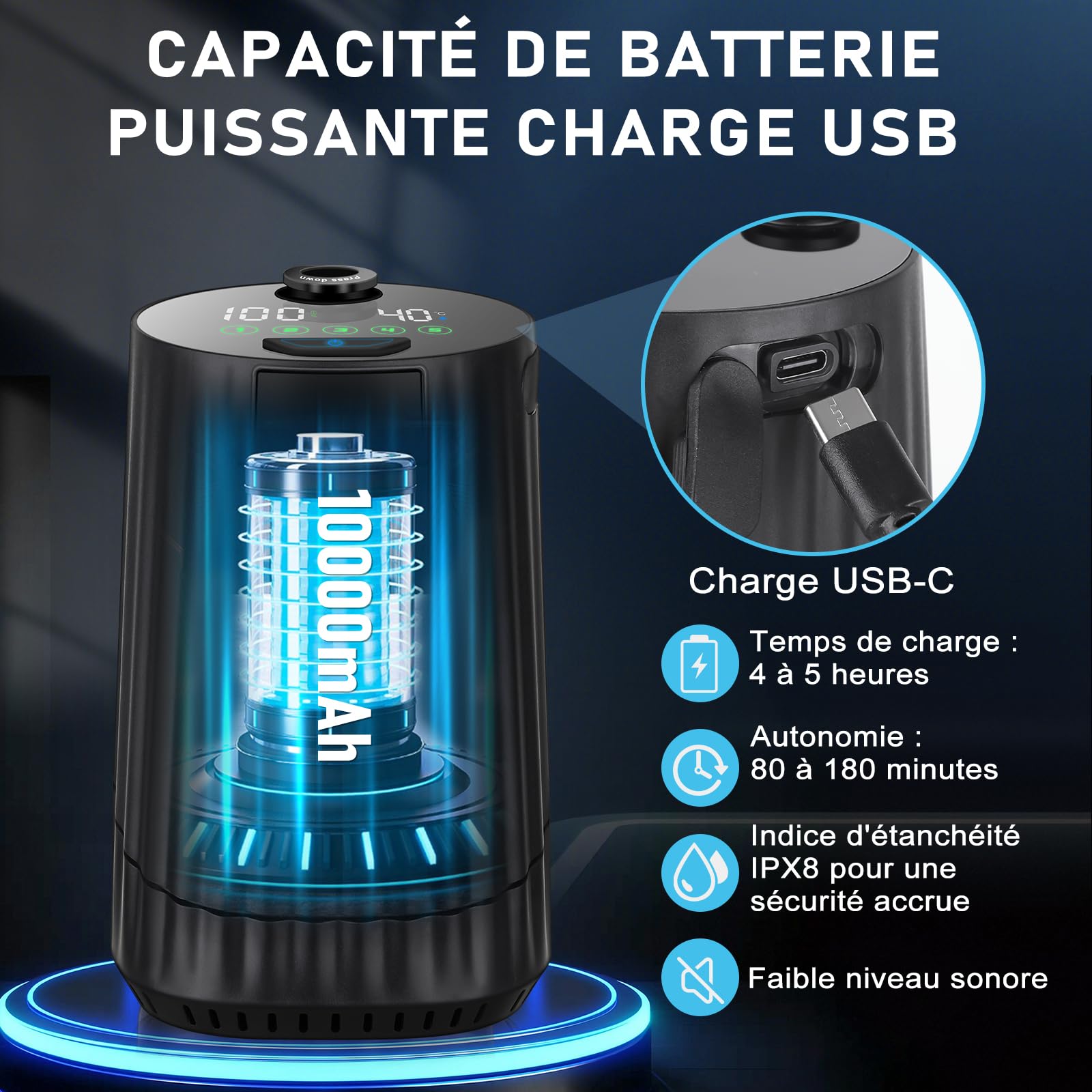 Douche Portable, [10000mAh] Douche de Camping,Électrique Rechargeable,Imperméable, avec Afficheur Intelligent et Pomme de Douche 5 Modes pour Extérieure,Camping,Randonnée