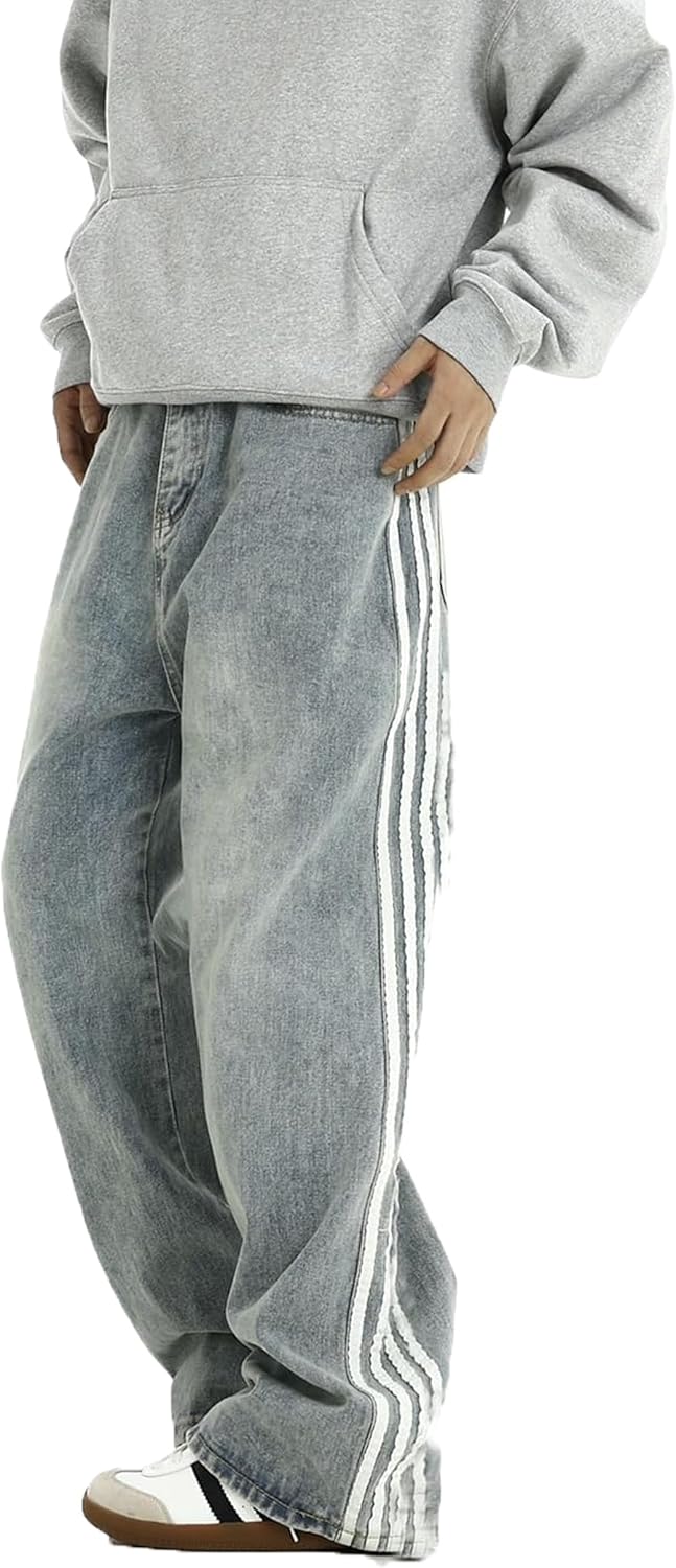 Mens Baggy Denim Jeans Casual Striped Pants Straight Wide Leg Jeans Oversized Hip Hop Pants Vintage Skater Track Jeans