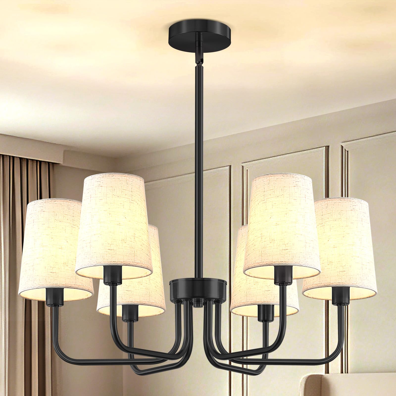 Photo 1 of Yunnix 6-Light Black Chandelier for Dining Room, No Assembly Modern Chandelier Light Fixture with White Linen Shades, UL Listed 25" Farmhouse Brass Dining Room Light Fixture Bedroom Entryway Foyer