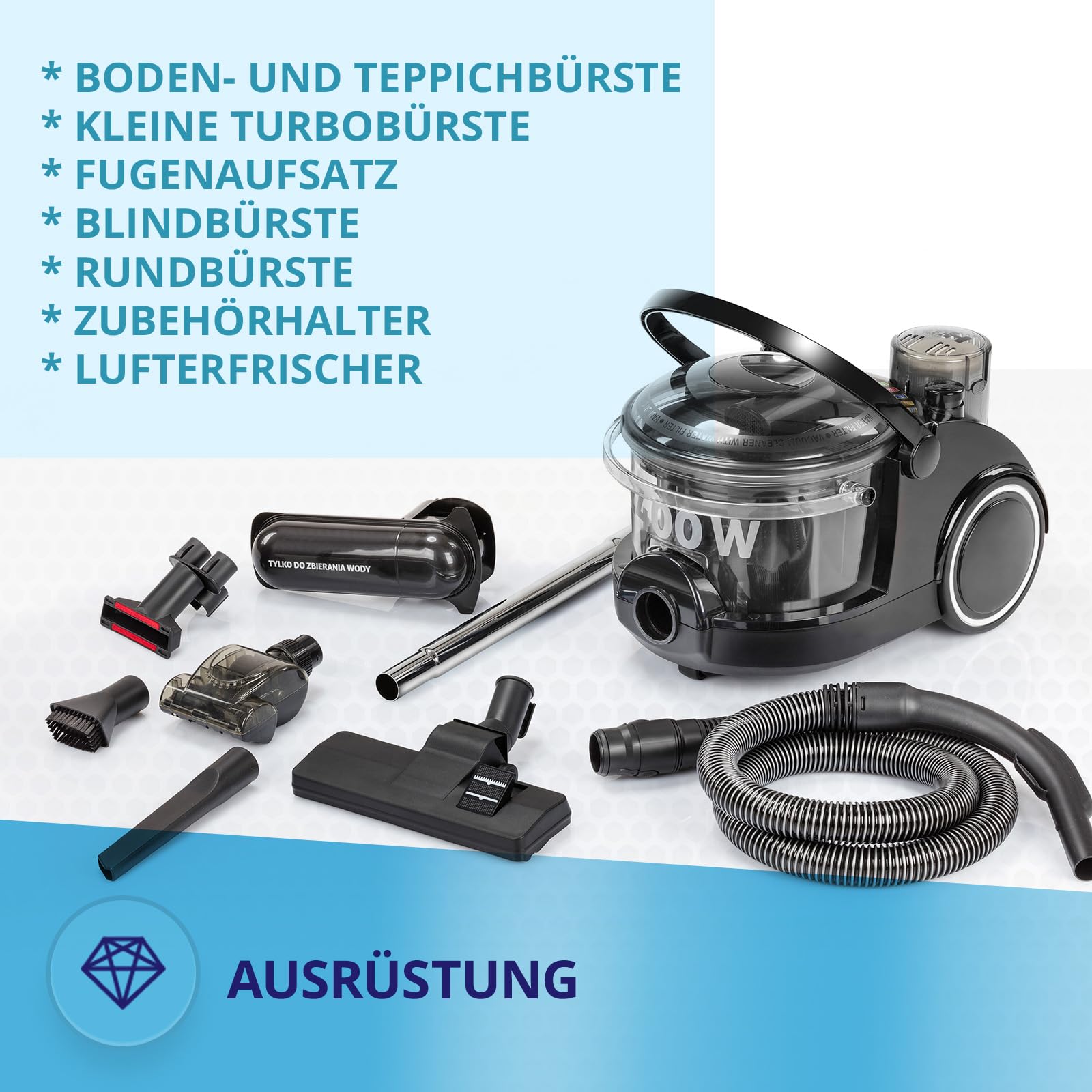 MPM - MOD-47 - Staubsauger mit Bora-Wasserfilter und Luftreiniger - für Allergiker - gegen Milben, Tierhaare - Nass- und Trockensauger, Bodenreiniger - Beutellos - 2400 W - Schwarz