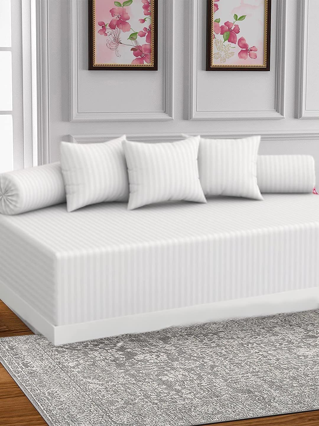 Striped Color 100% Microfiber diwan Cover Set of 6 Pieces, 1 Single bedsheet, 3 Cushions Covers and 2 Bolster Covers Ocean-image-49
