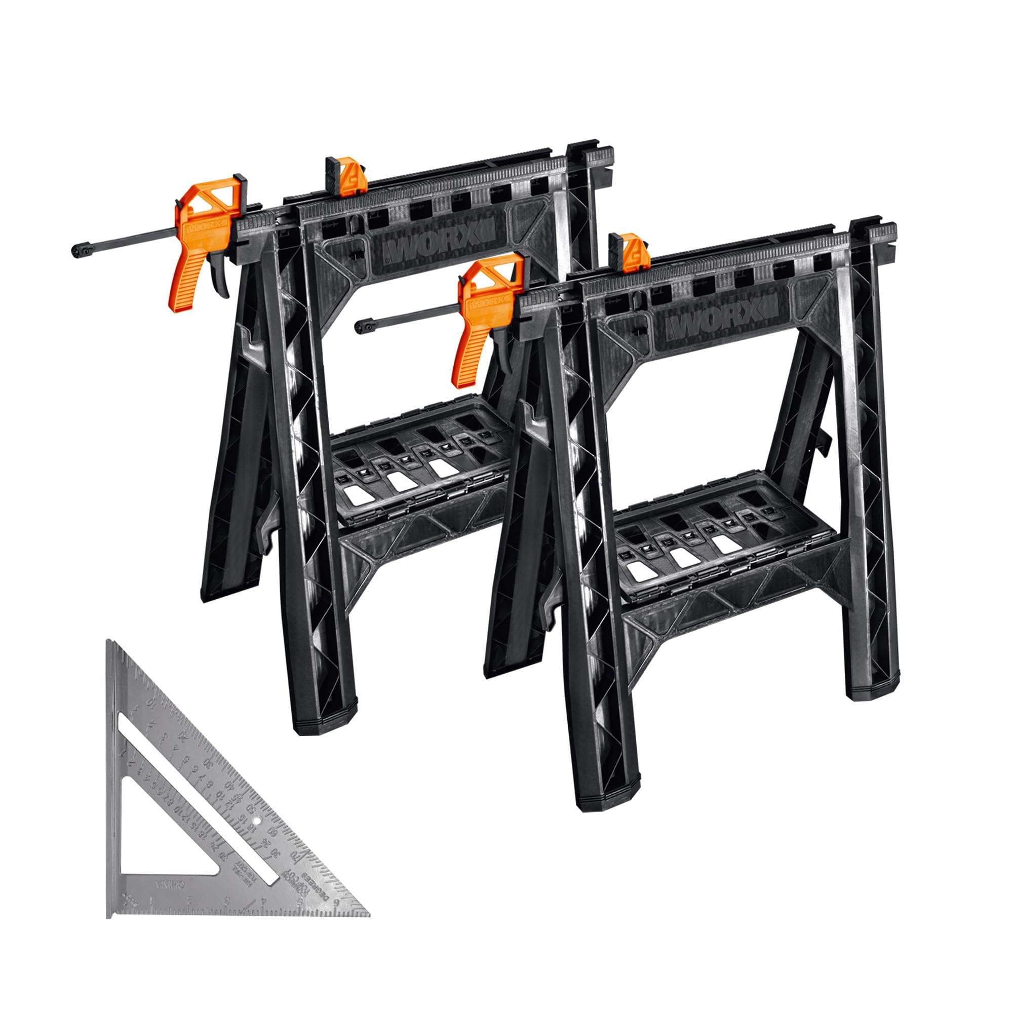 Worx WX065 3 Clamping Sawhorses with Bar Clamps and 7 Inch Metal Triangle Ruler