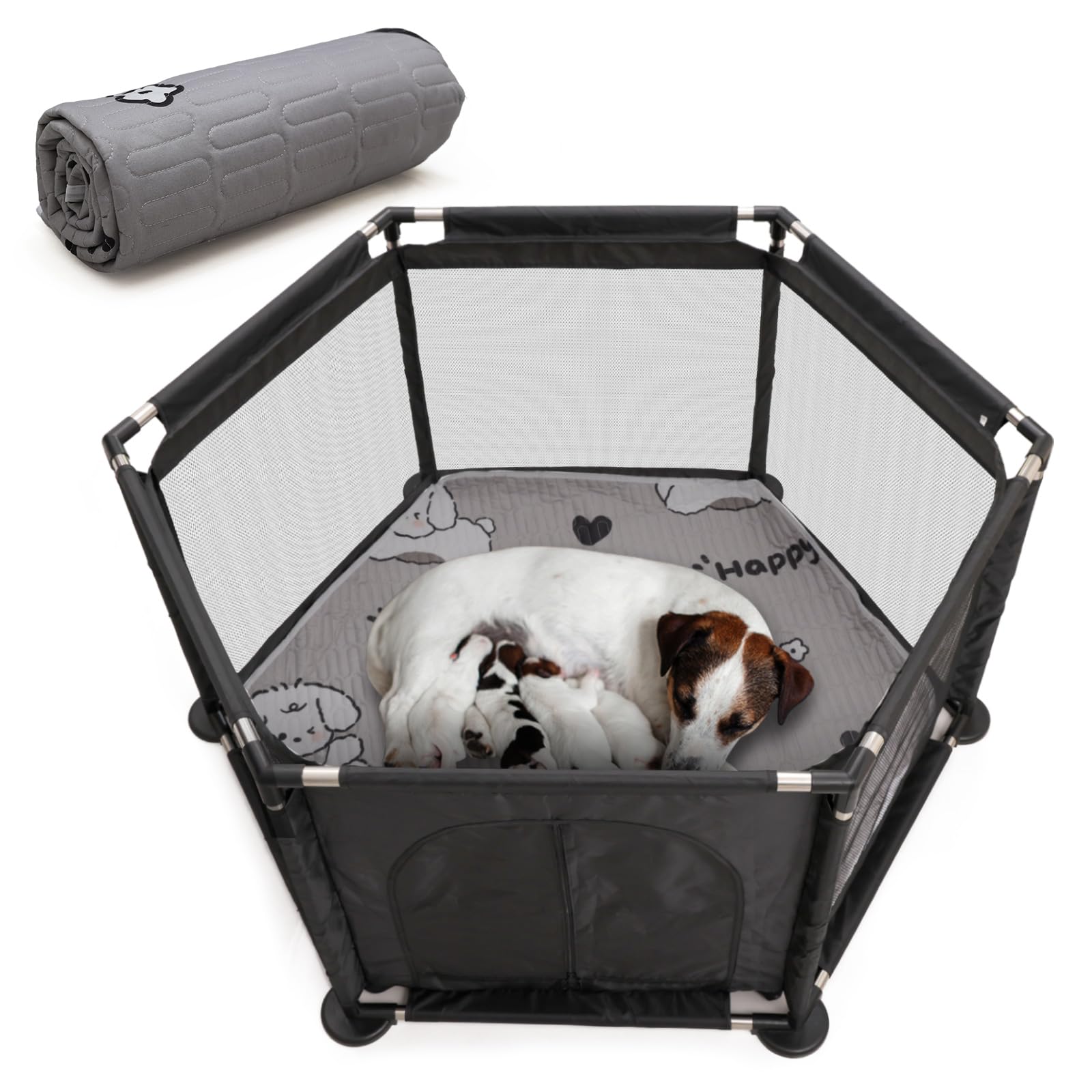 Caja hexagonal para partos extra altos + almohadilla de parto para perros grandes y pequeños, suministros esenciales para perros, cachorros, 122 x 65 cm, color negro