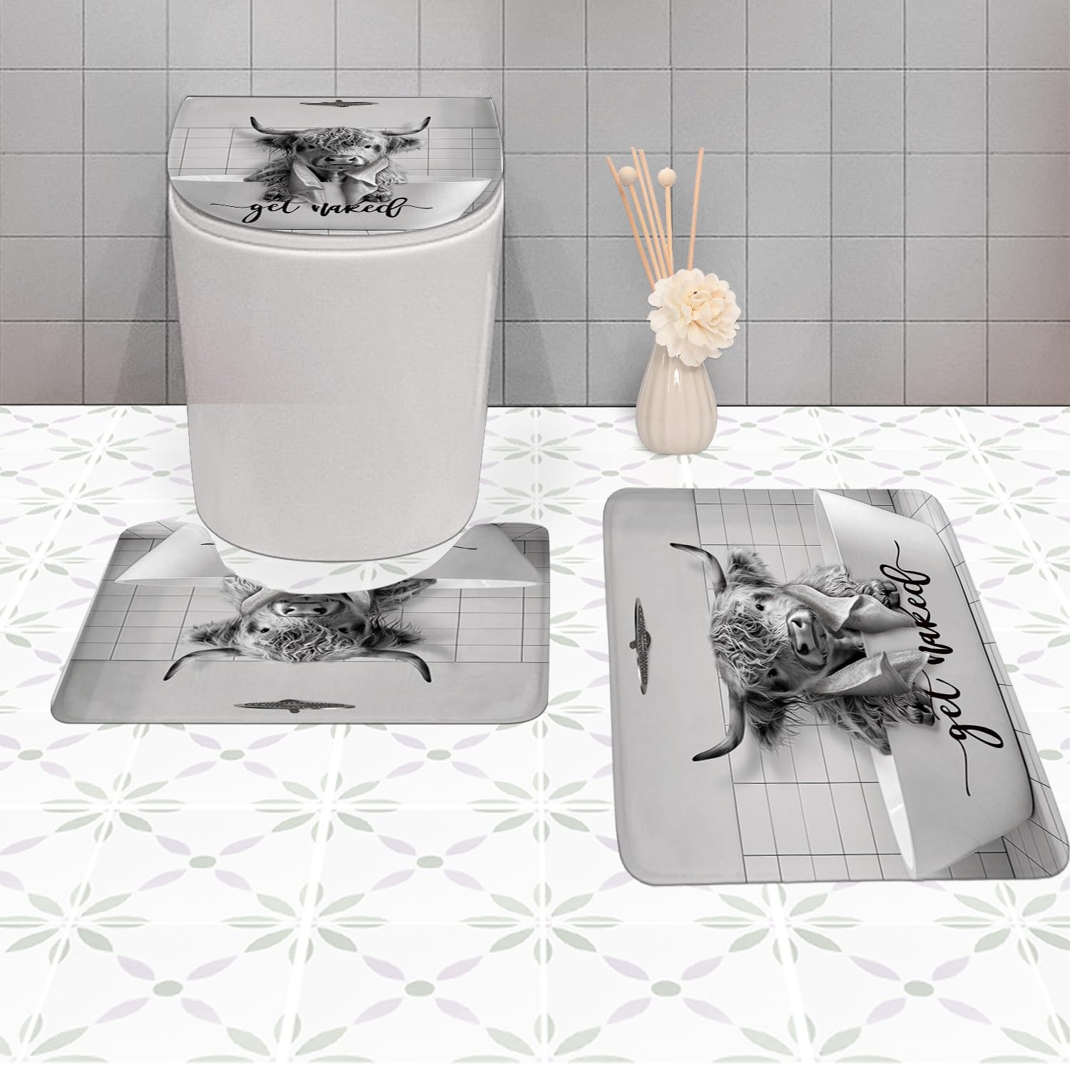 Funny Highland Cow Shower Curtain Set - Western Bathroom Decor -2