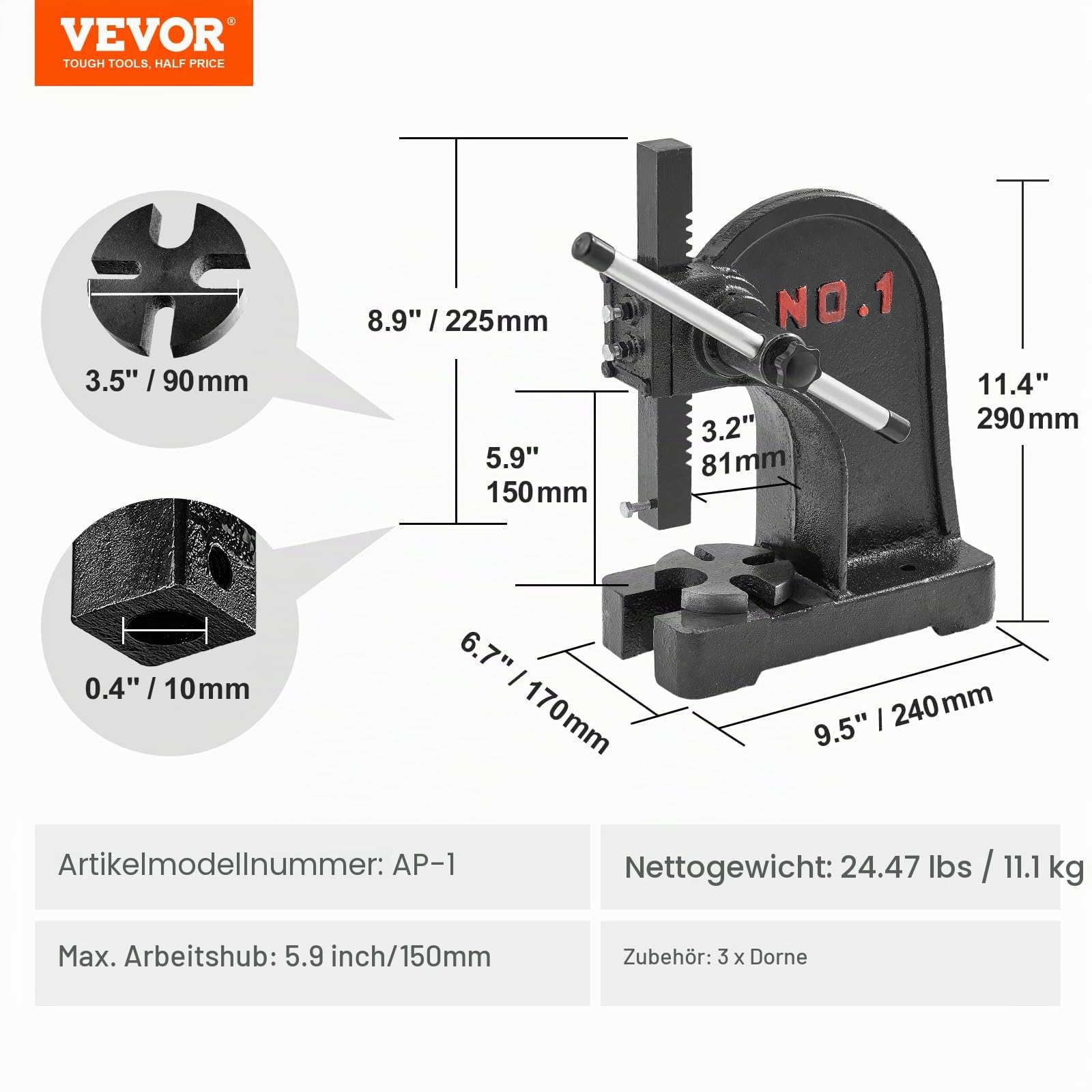 VEVOR Dornpresse 1 t Handhebelpresse 150 mm Maximale Höhe Gusseisen Desktop-Stanzpresse