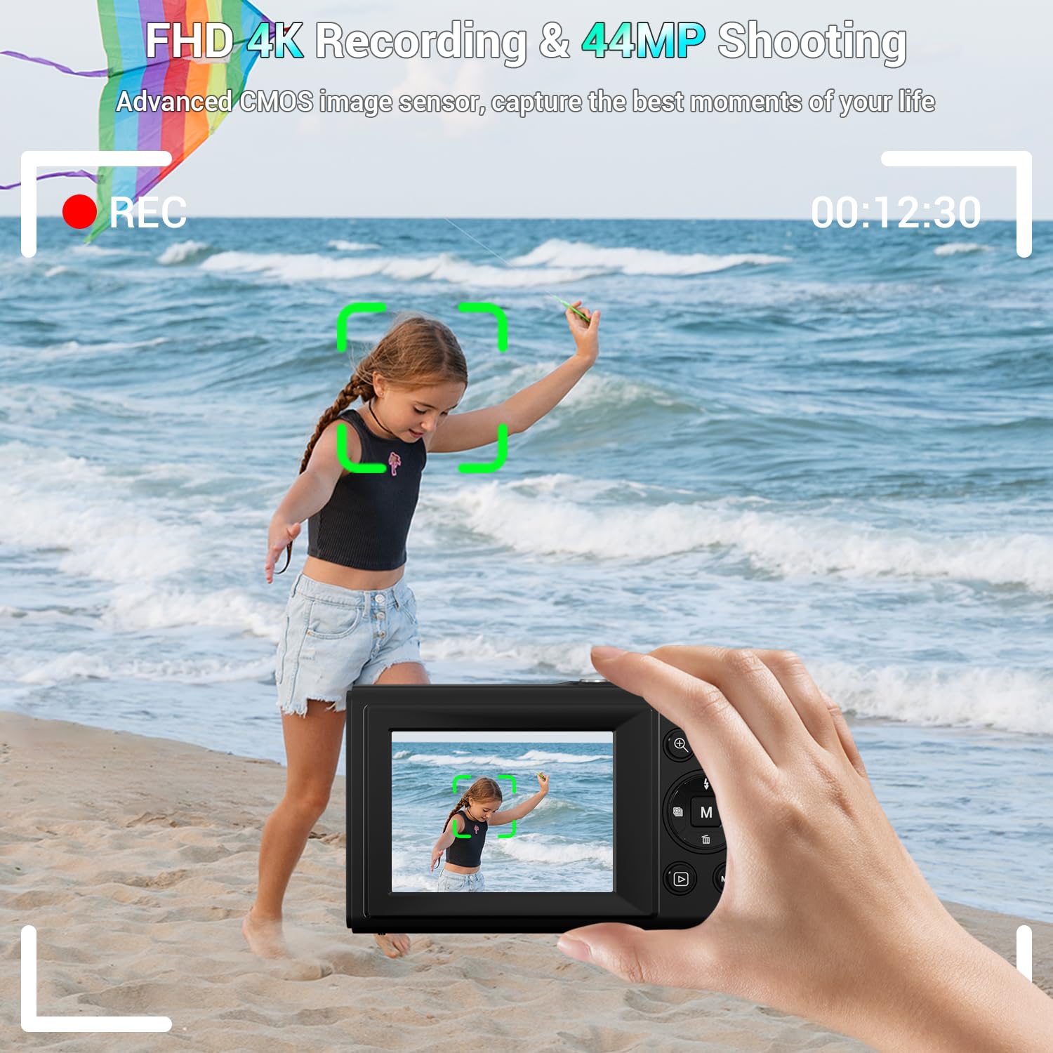 Fotocamera digitale, 4 K 44 MP, autofocus, fotocamera con zoom 16x, LCD da 2,4 pollici, fotocamera compatta portatile per bambini, ragazzi, ragazze, adulti, (nero)