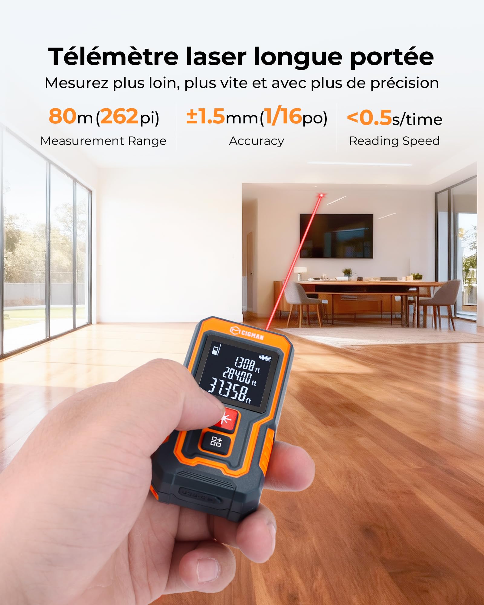 CIGMAN Télémètre Laser 80 m, mètre Laser Compact Rechargeable USB-C 300 mAh, Outil de Laser Mesure pour Longueur, Surface, Volume et Pythagore, référence Avant/arrière
