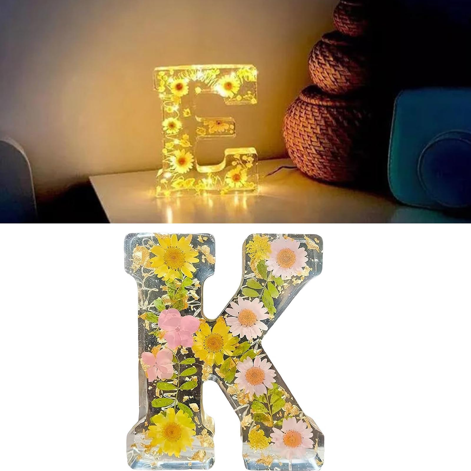 Floral Resin Night Light Letter,Floral Lamp,Pressed Flower Letters with LED Light,Light Up Letters Sign,Personalized Creative Letter Lamp for Home Party Christmas Lamp Wedding Night Light (K)