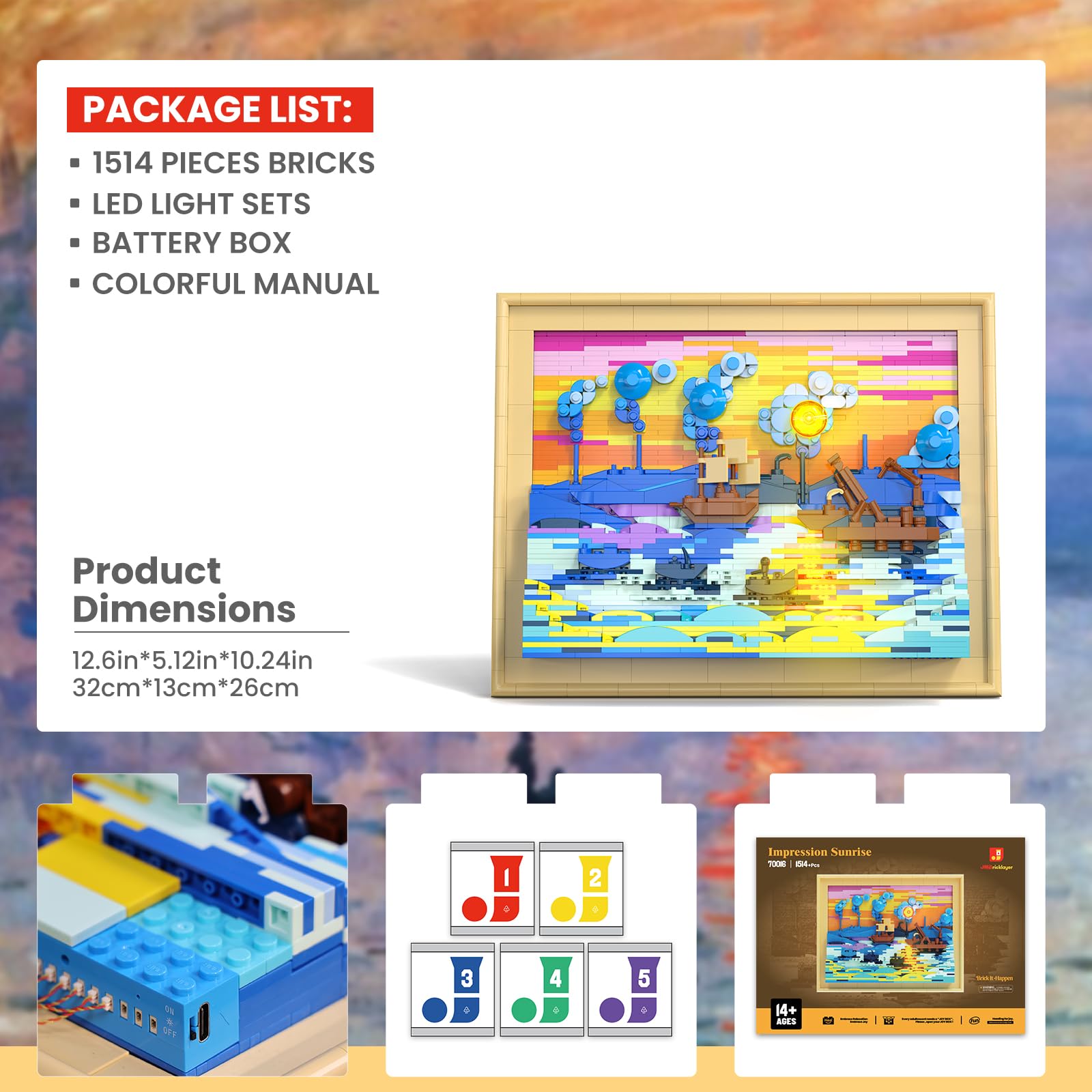JMBricklayer Impression Sunrise - Juego de construcción para adultos, bloques de arte iluminados enmarcados en 3D, kit de modelo de decoración de pared LED, regalo para el día de la madre