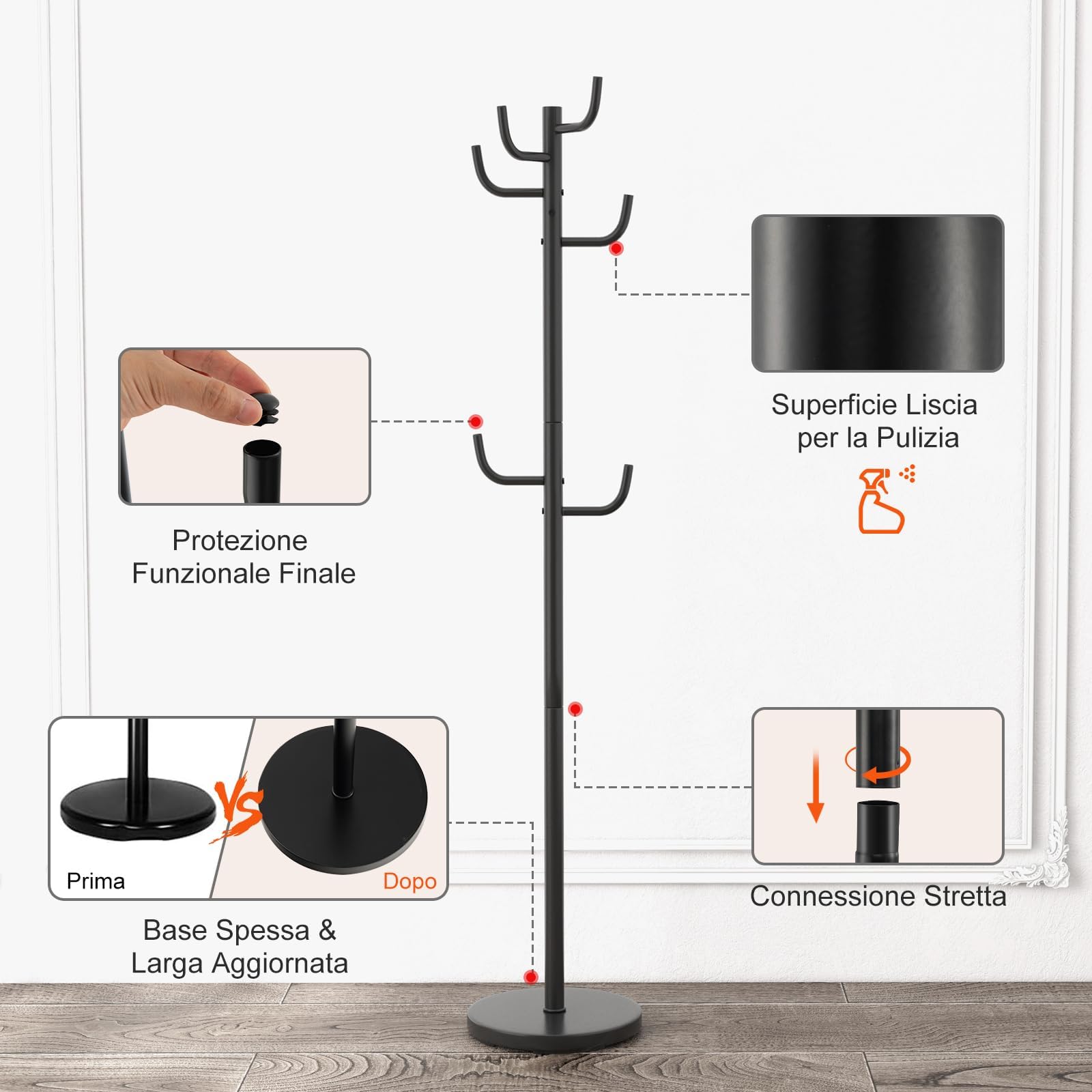 RELAX4LIFE Appendiabiti da Terra, Attaccapanni in Metallo con 8 Ganci per Vestiti, Borse e Cappello, Appendiabiti da Pavimento con Base Stabile per Salone, Ufficio e Negozio, Nero (30x175cm(ØxA))