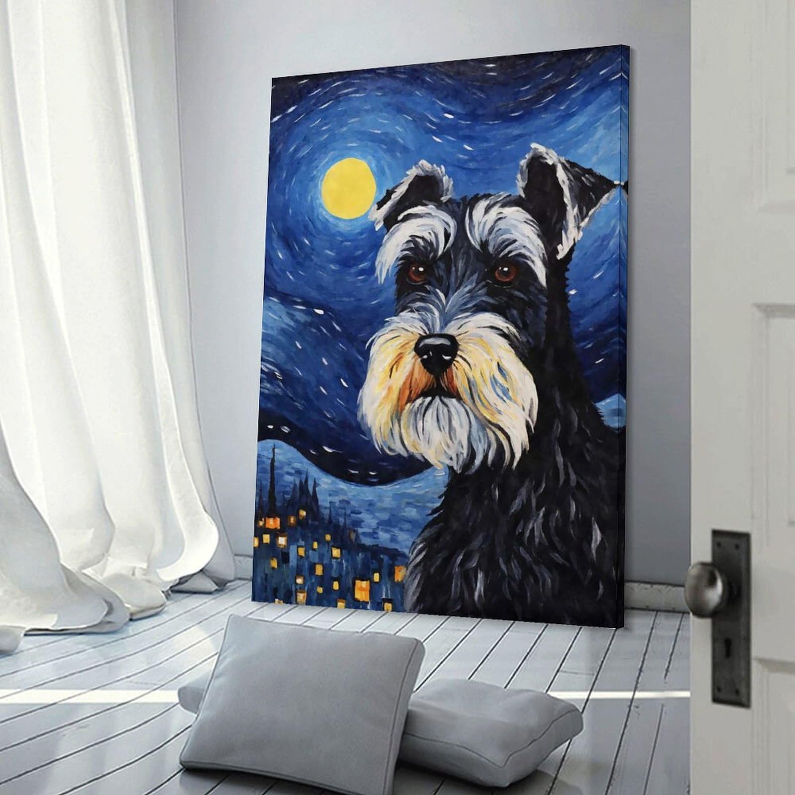Junmoney Frame-Style-17 Miniature Schnauzer Night Canvas Wall Art, 08X12inch(20X30cm), For Living Room, Bedroom Or Apartment Walls, Decorative Artwork For Empty Walls