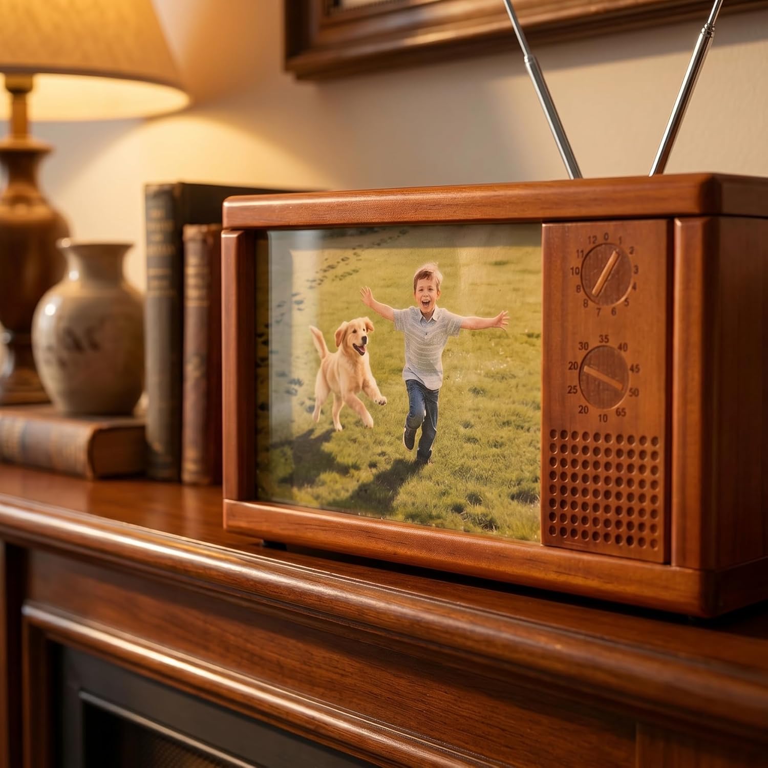 Solid Wood Retro TV Mode Piggy Bank Double Currency Box Photo Frame Small TV Statue Home Decoration Item Creative Savings Model Unique Gift for Children Collectors