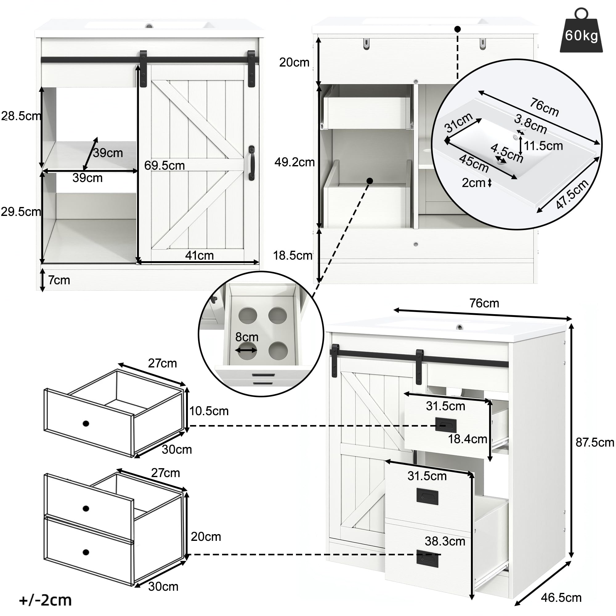 Mueble de baño moderno con lavabo de cerámica y cajones, color blanco