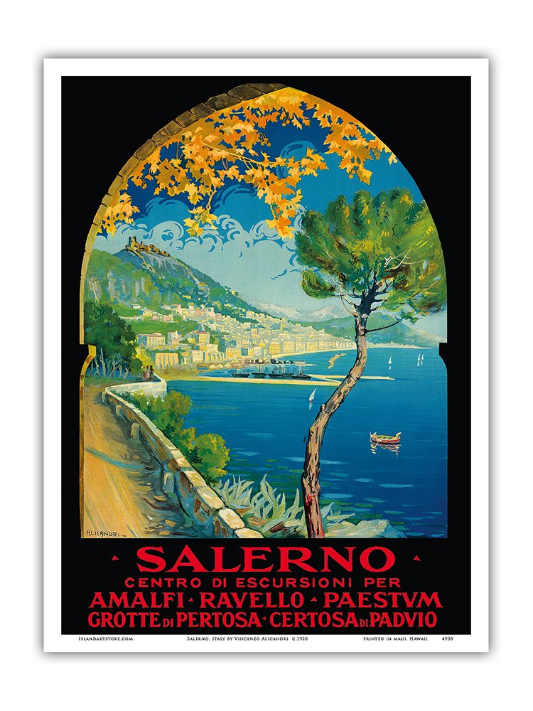 Pacifica Island ArtSalerno Italy - Amalfi, Ravello, Paestum - Pertosa Caves - Vintage Travel Poster by Vincenzo Alicandri c.1928 - Master Print 9in x 12in